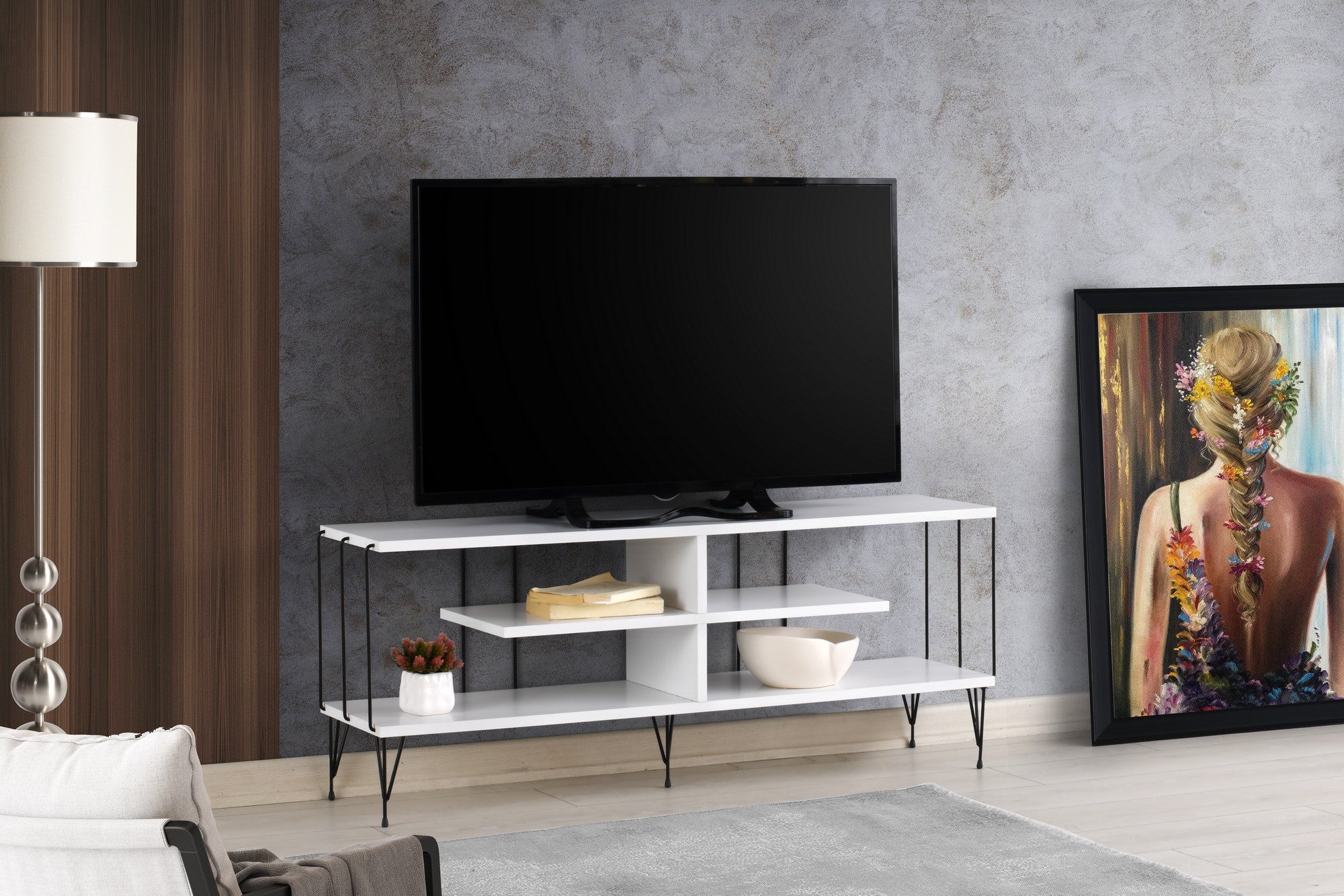 Suporte de TV moderno com pés de metal, branco, 120 cm | Painel de partículas 100% revestido de melamina, 18 mm de espessura | Design elegante com várias prateleiras, perfeito para salas de estar