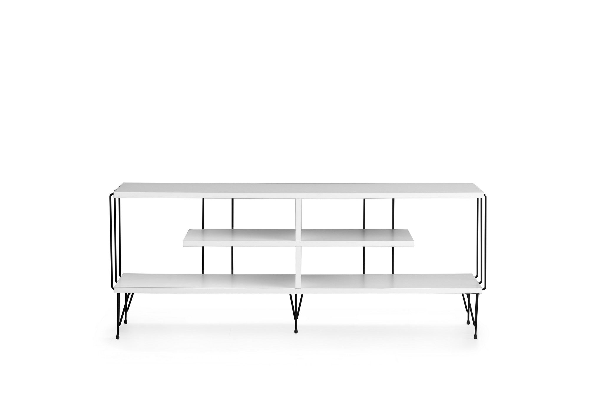 Suporte de TV moderno com pés de metal, branco, 120 cm | Painel de partículas 100% revestido de melamina, 18 mm de espessura | Design elegante com várias prateleiras, perfeito para salas de estar