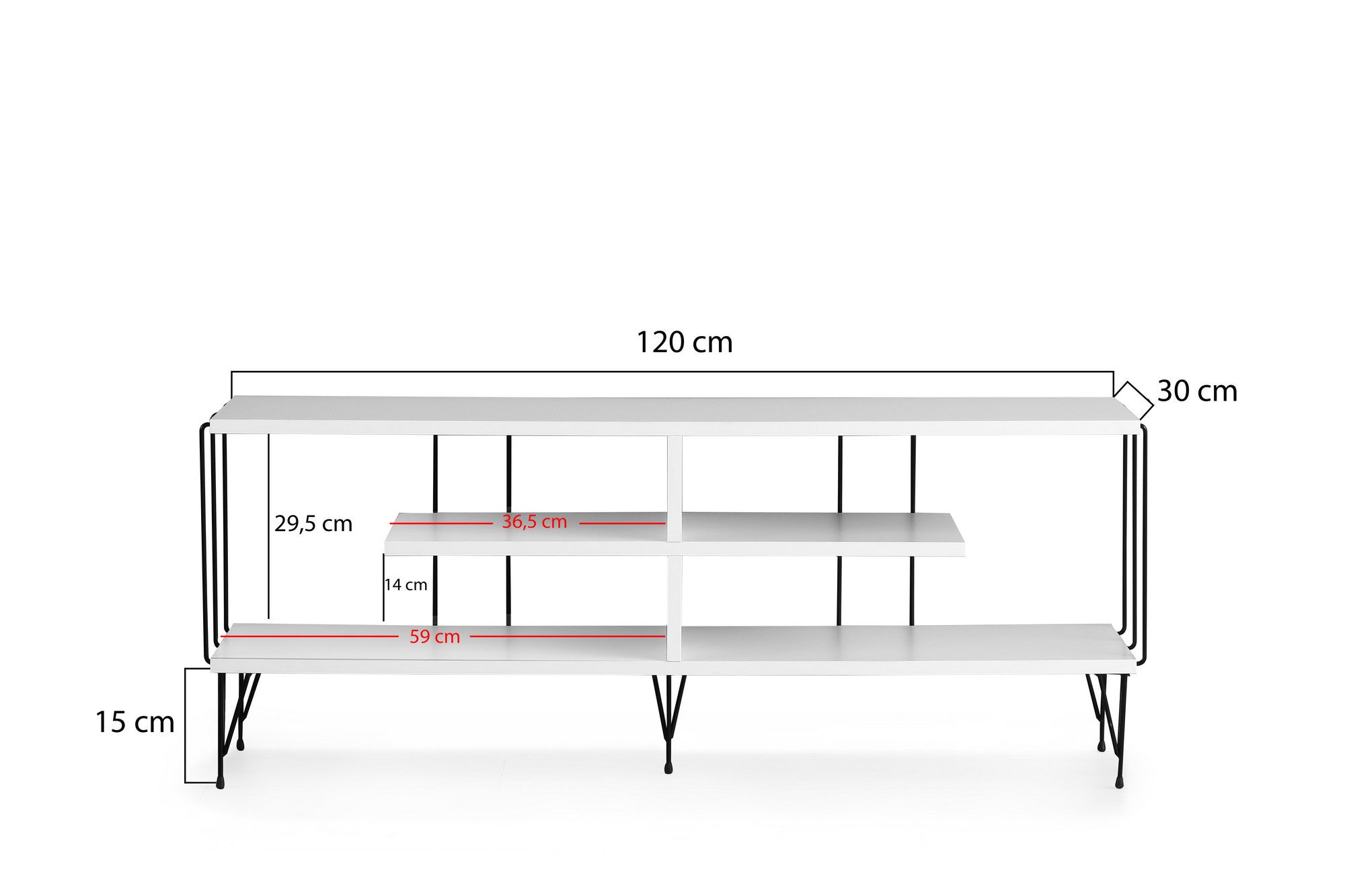 Suporte de TV moderno com pés de metal, branco, 120 cm | Painel de partículas 100% revestido de melamina, 18 mm de espessura | Design elegante com várias prateleiras, perfeito para salas de estar