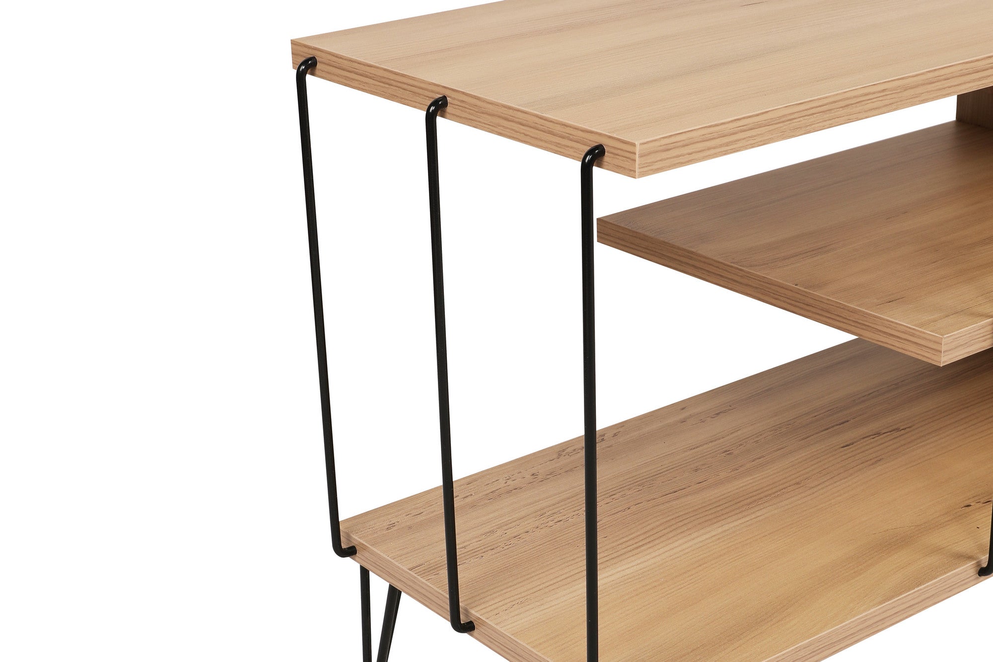 Suporte de TV moderno com pés de metal, acabamento em carvalho, 120 cm | Painel de partículas 100% revestido em melamina, 18 mm de espessura | Elegante e funcional com várias prateleiras