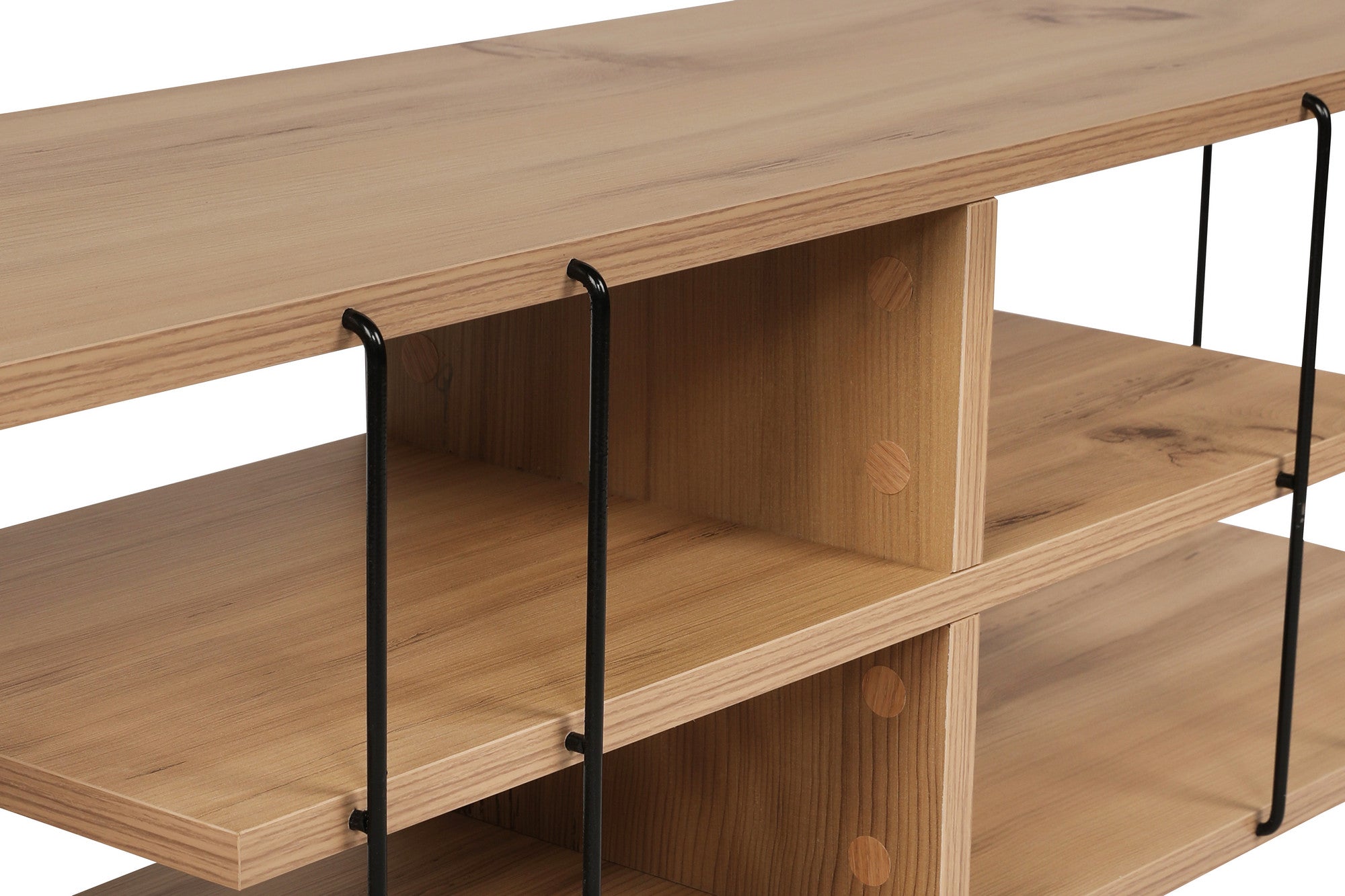 Suporte de TV moderno com pés de metal, acabamento em carvalho, 120 cm | Painel de partículas 100% revestido em melamina, 18 mm de espessura | Elegante e funcional com várias prateleiras