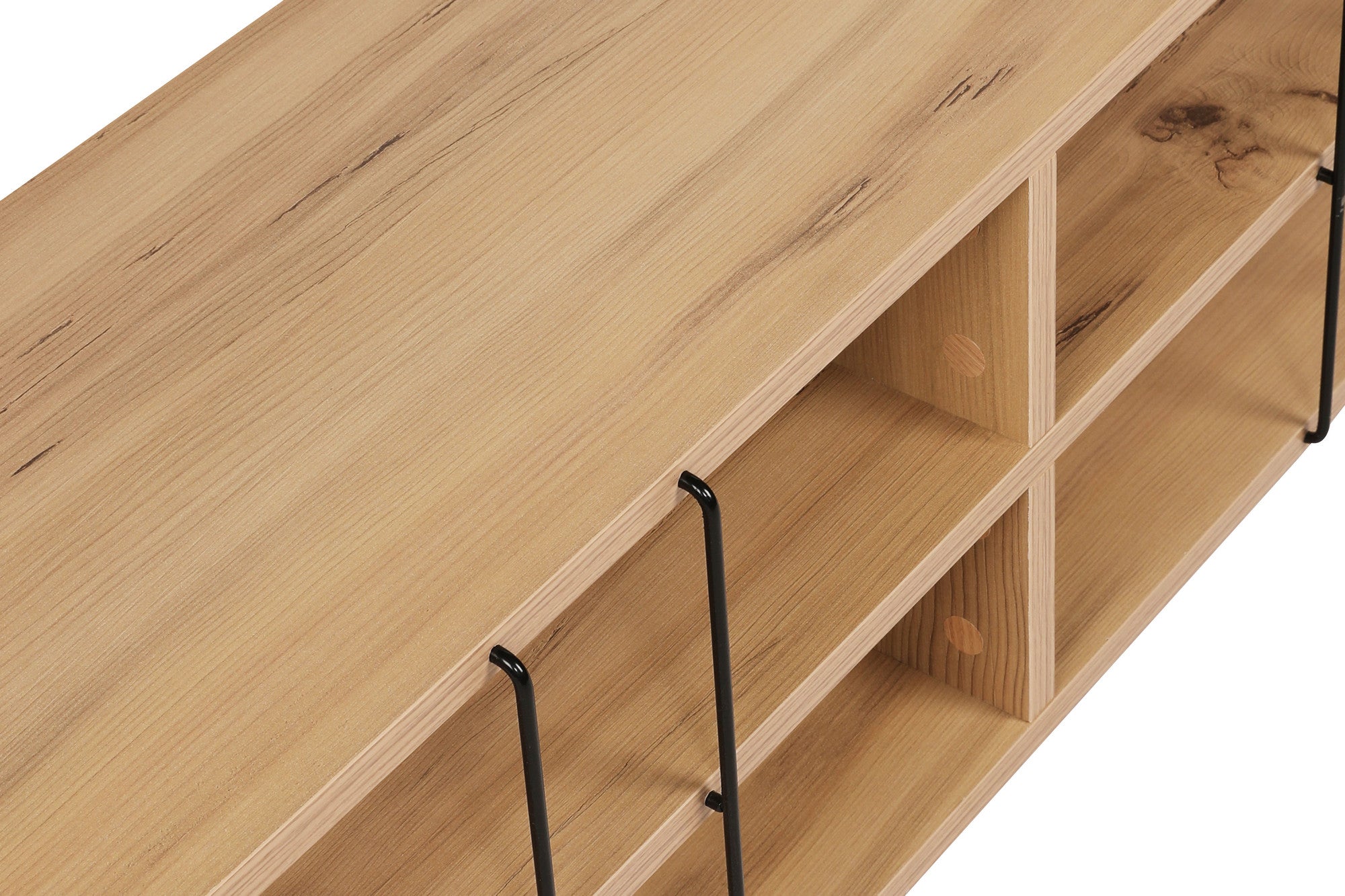 Suporte de TV moderno com pés de metal, acabamento em carvalho, 120 cm | Painel de partículas 100% revestido em melamina, 18 mm de espessura | Elegante e funcional com várias prateleiras