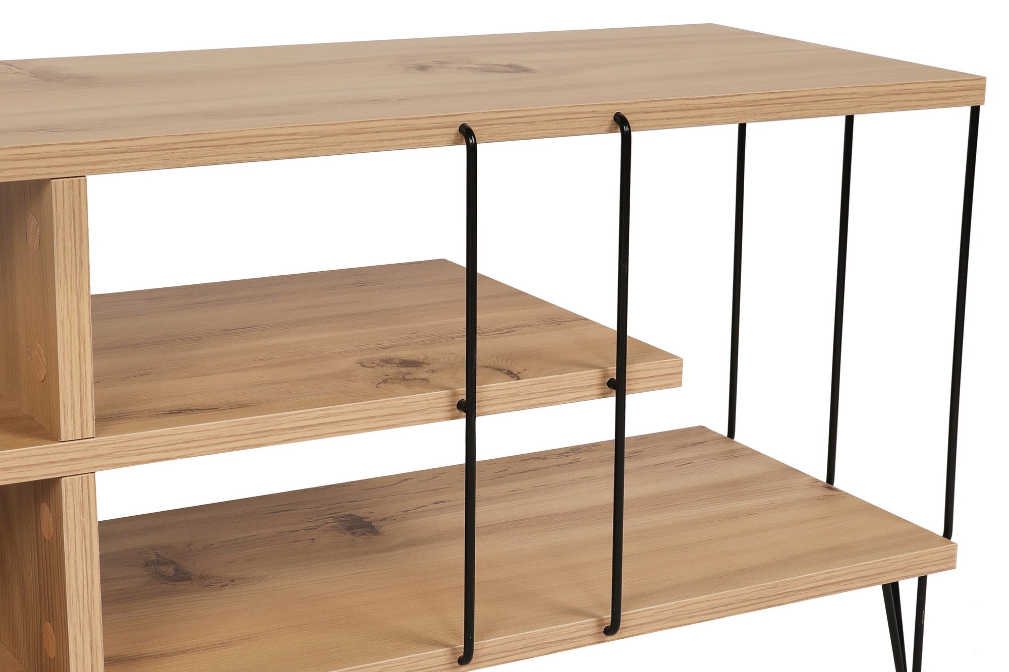 Suporte de TV moderno com pés de metal, acabamento em carvalho, 120 cm | Painel de partículas 100% revestido em melamina, 18 mm de espessura | Elegante e funcional com várias prateleiras
