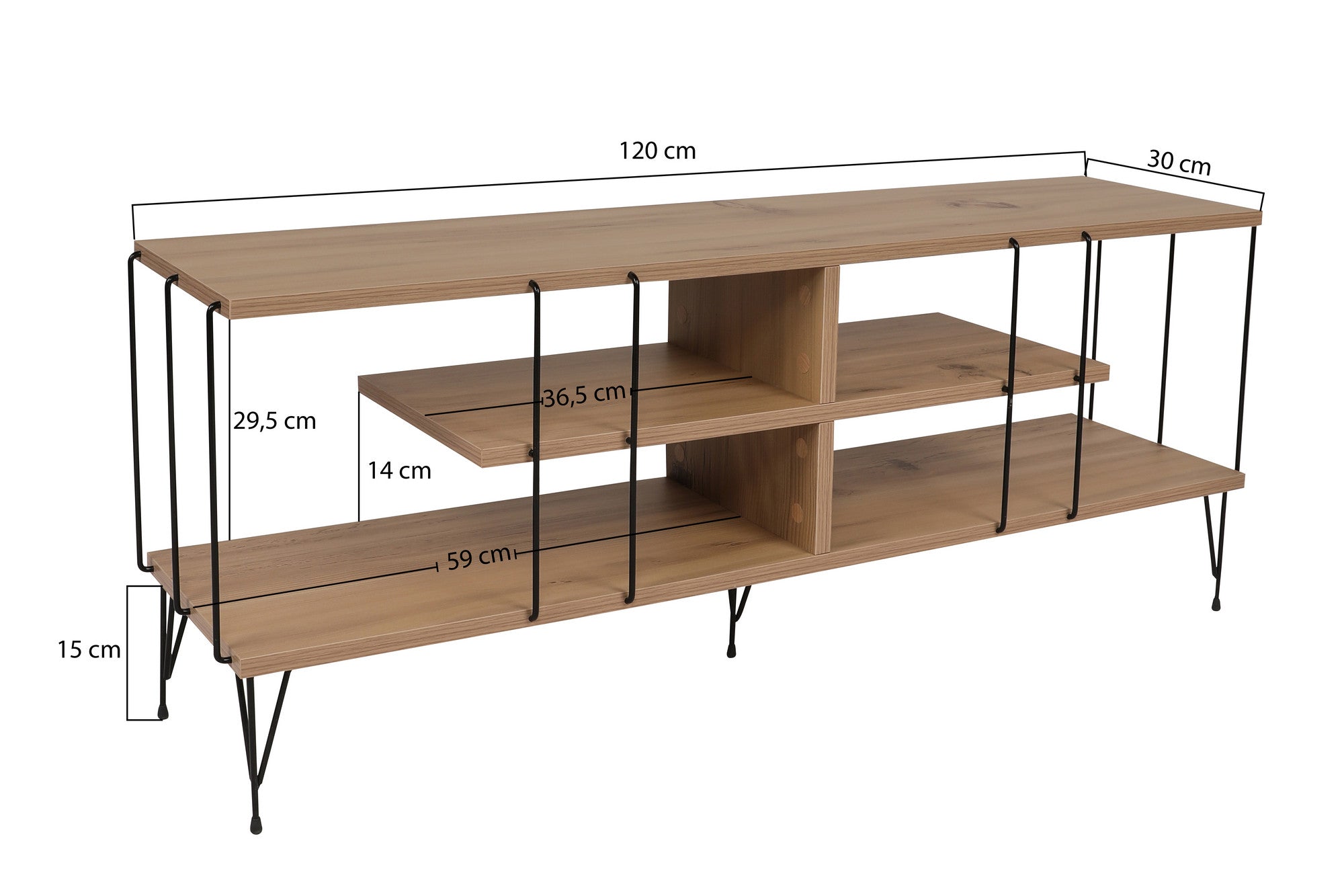 Suporte de TV moderno com pés de metal, acabamento em carvalho, 120 cm | Painel de partículas 100% revestido em melamina, 18 mm de espessura | Elegante e funcional com várias prateleiras