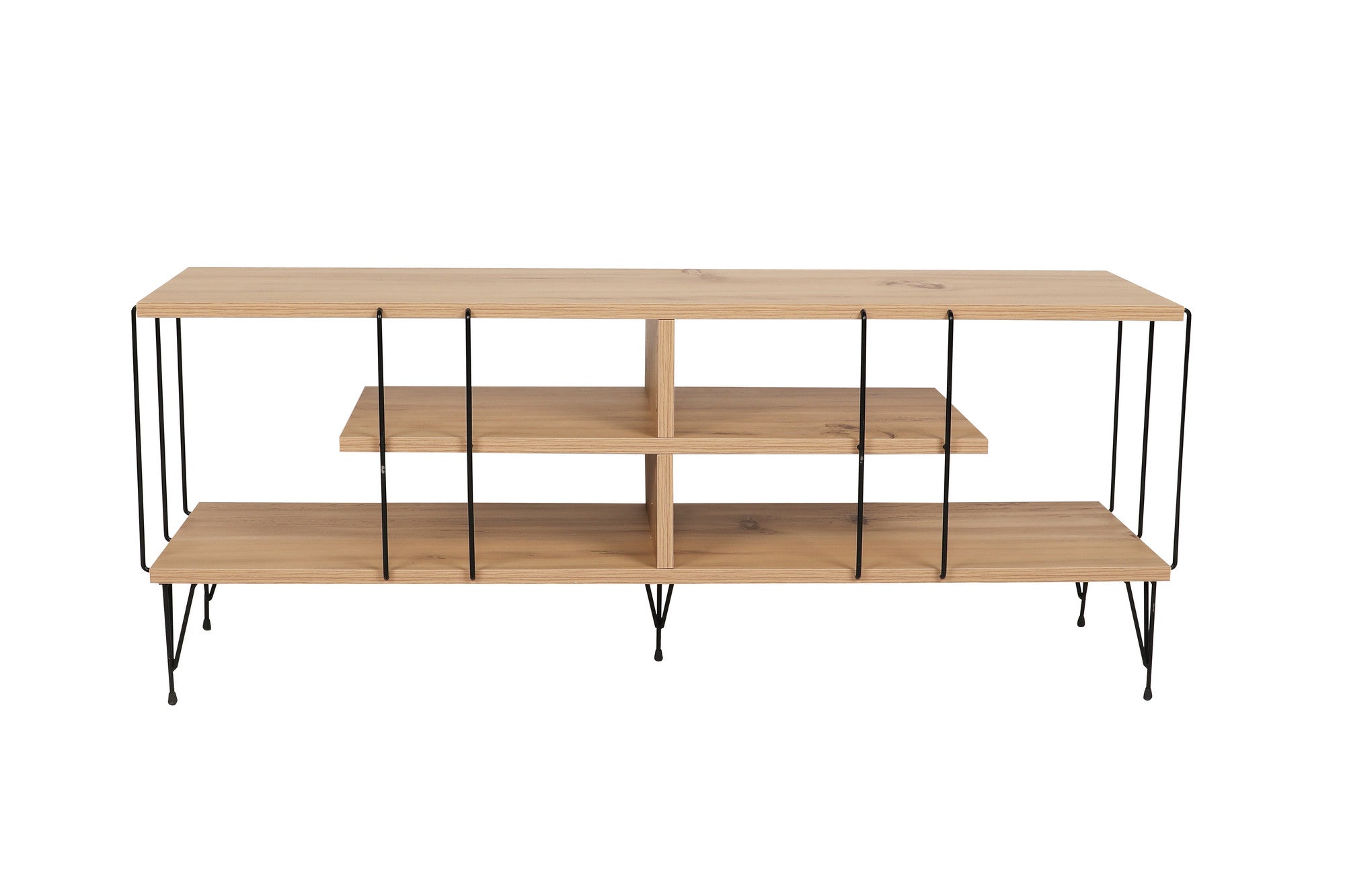 Suporte de TV moderno com pés de metal, acabamento em carvalho, 120 cm | Painel de partículas 100% revestido em melamina, 18 mm de espessura | Elegante e funcional com várias prateleiras