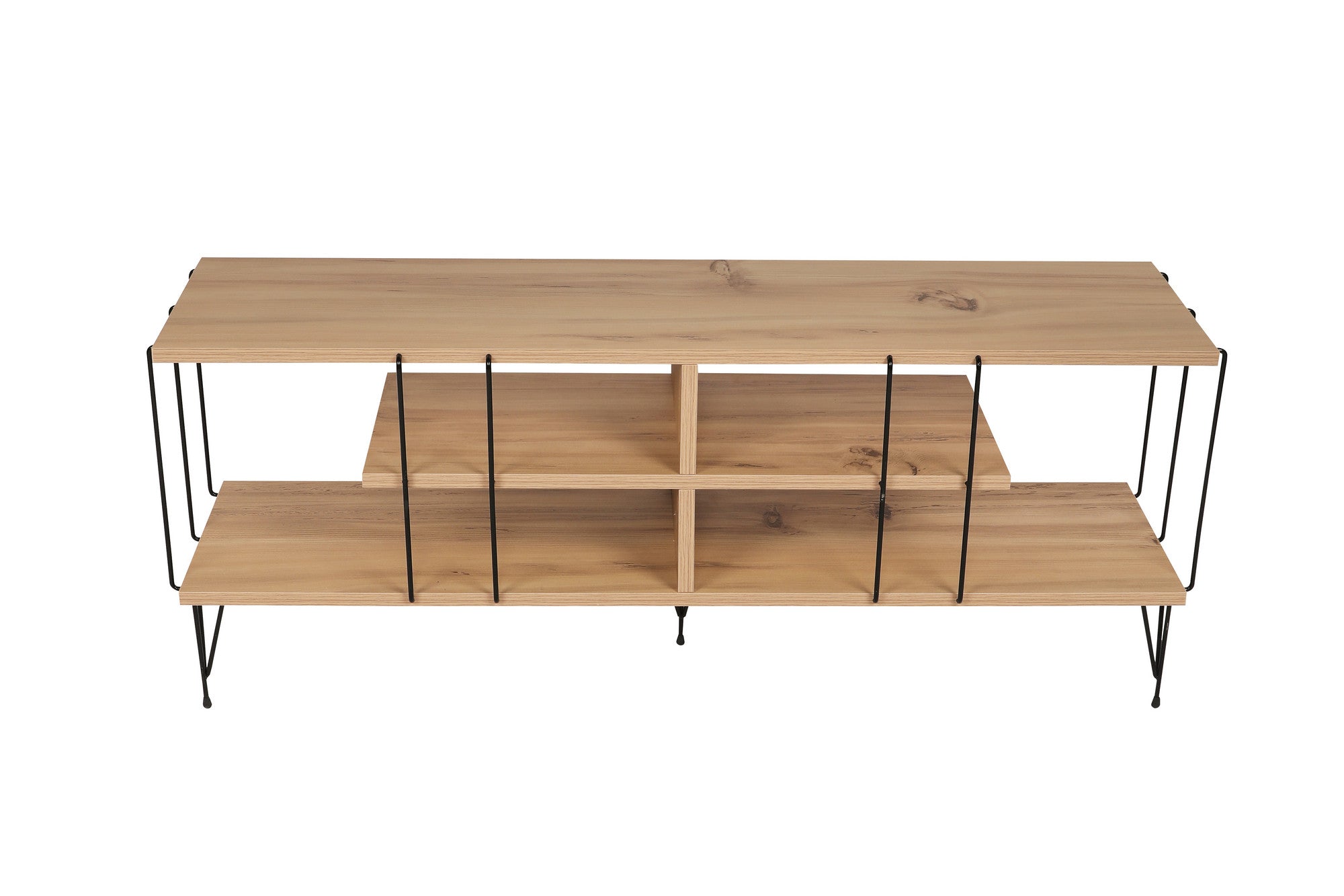 Suporte de TV moderno com pés de metal, acabamento em carvalho, 120 cm | Painel de partículas 100% revestido em melamina, 18 mm de espessura | Elegante e funcional com várias prateleiras