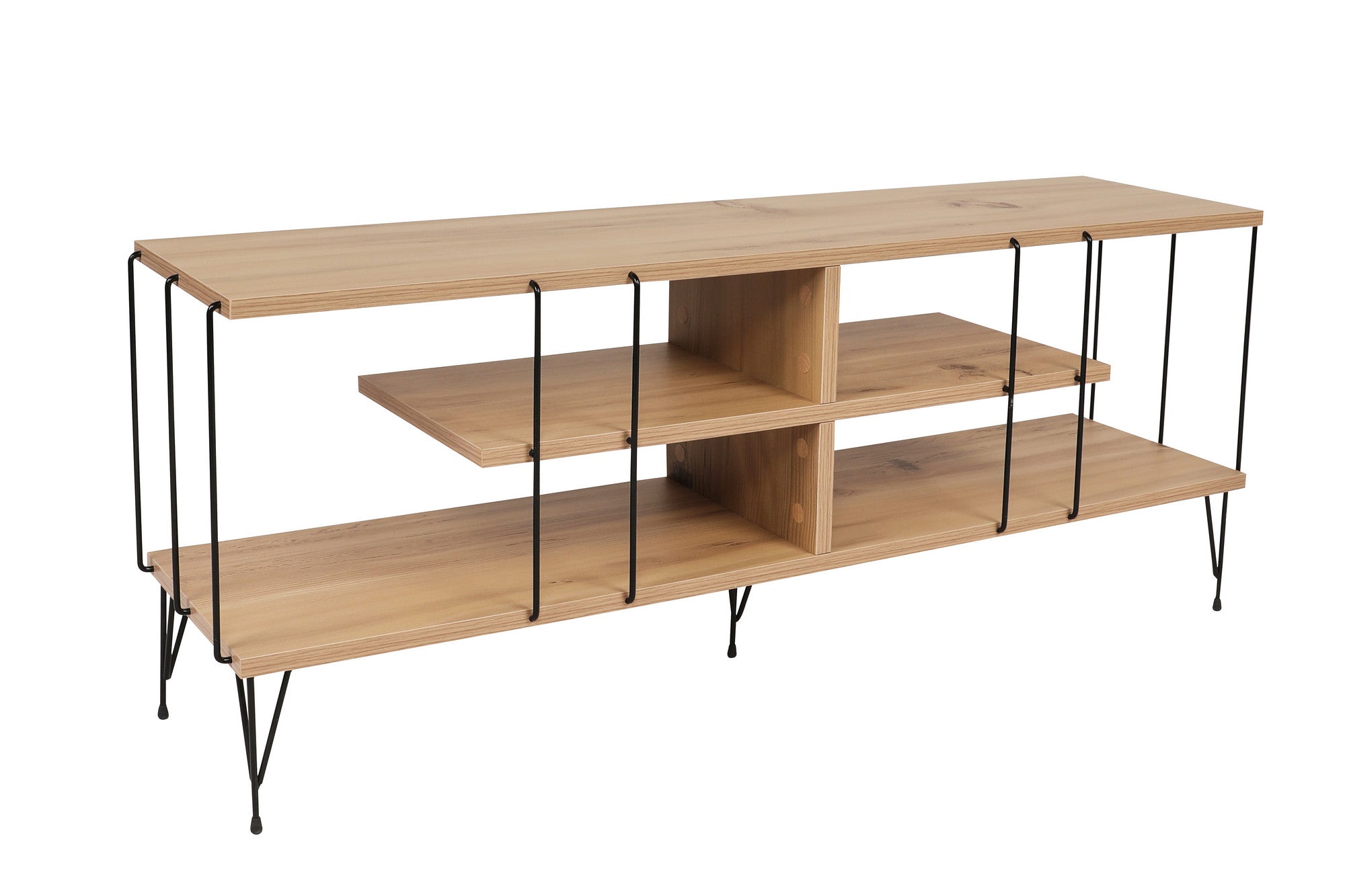 Suporte de TV moderno com pés de metal, acabamento em carvalho, 120 cm | Painel de partículas 100% revestido em melamina, 18 mm de espessura | Elegante e funcional com várias prateleiras