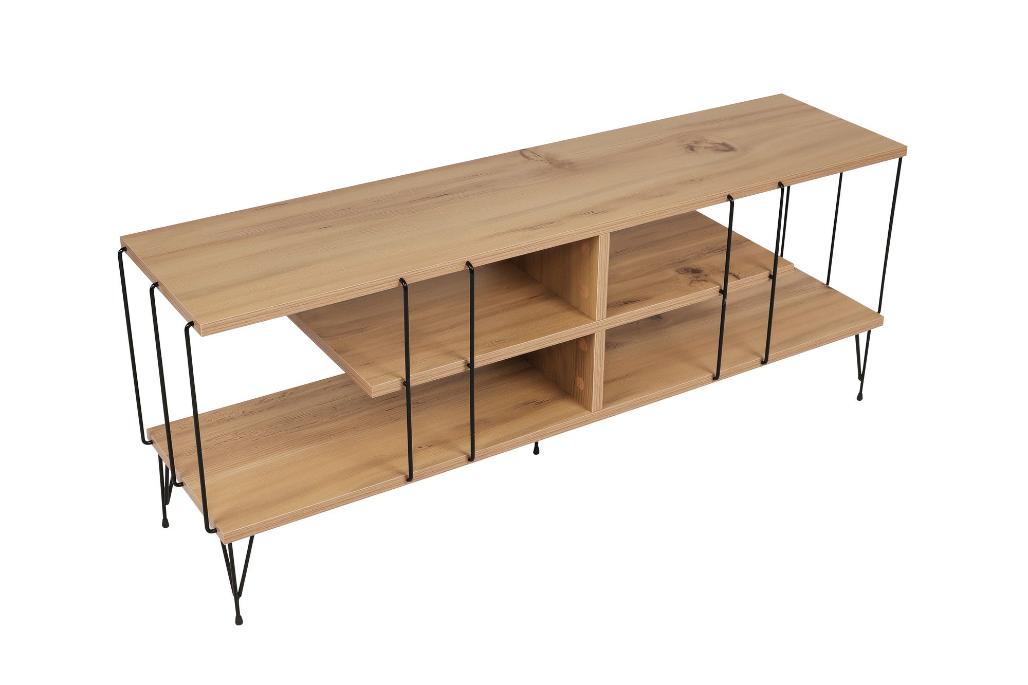Suporte de TV moderno com pés de metal, acabamento em carvalho, 120 cm | Painel de partículas 100% revestido em melamina, 18 mm de espessura | Elegante e funcional com várias prateleiras