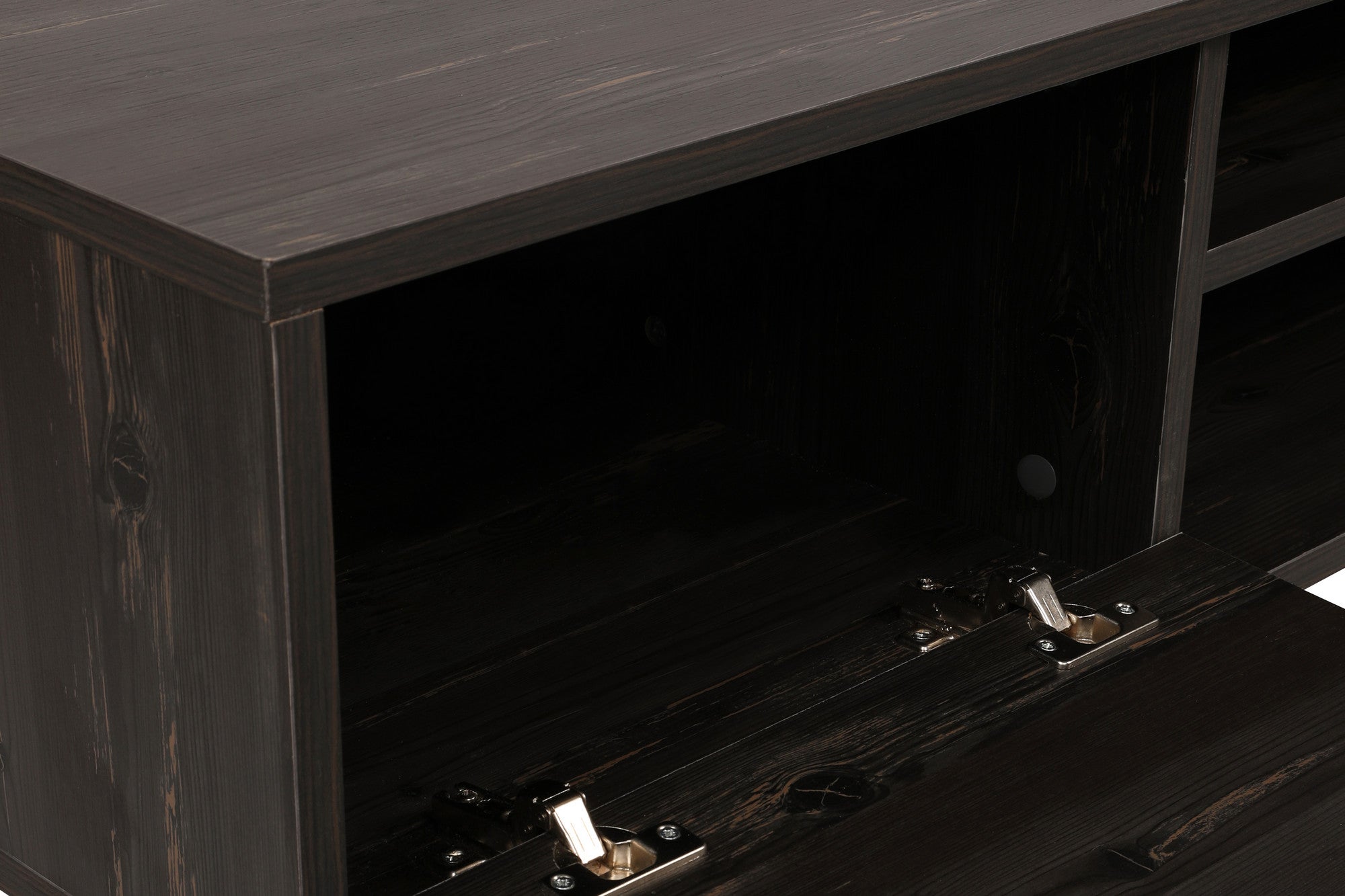 Móvel de TV elegante em marrom escuro, 143 cm de largura, 47 cm de altura, 40 cm de profundidade | Painel de partículas 100% revestido em melamina, 18 mm de espessura | Pés de plástico duráveis e prateleiras amplas