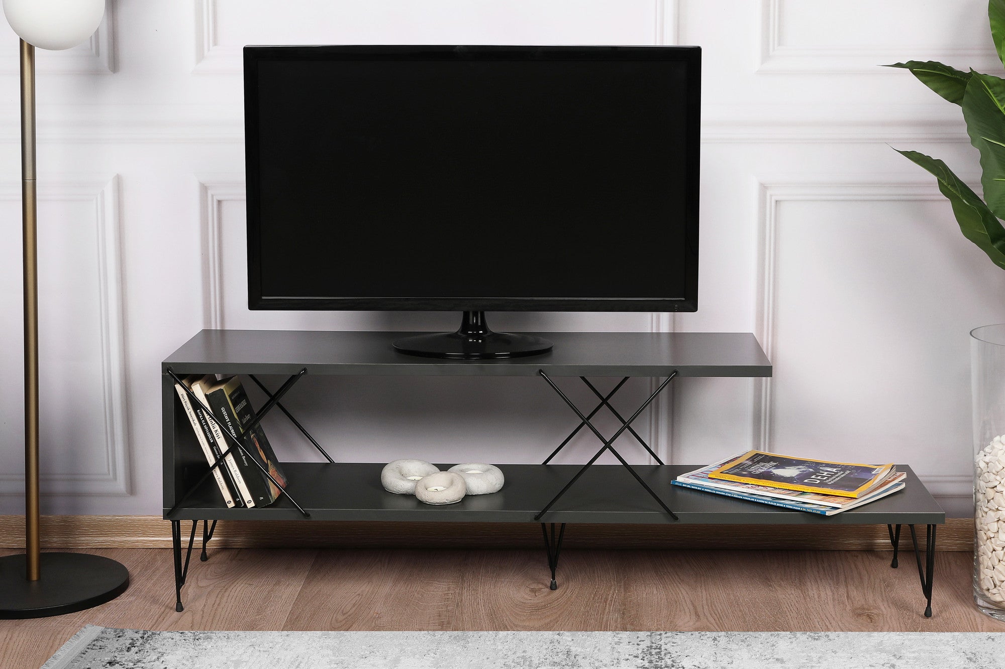 Suporte de TV industrial, antracite, 120 x 40 x 30 cm | Painel de partículas 100% revestido em melamina, 18 mm de espessura, pés de ferro | Várias prateleiras para salas de estar modernas