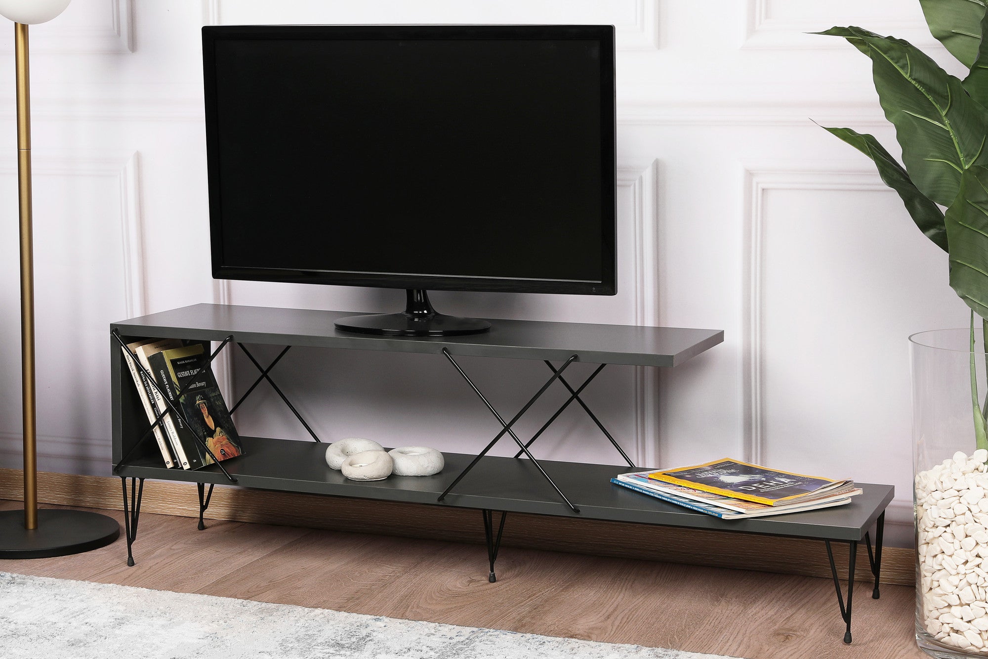 Suporte de TV industrial, antracite, 120 x 40 x 30 cm | Painel de partículas 100% revestido em melamina, 18 mm de espessura, pés de ferro | Várias prateleiras para salas de estar modernas