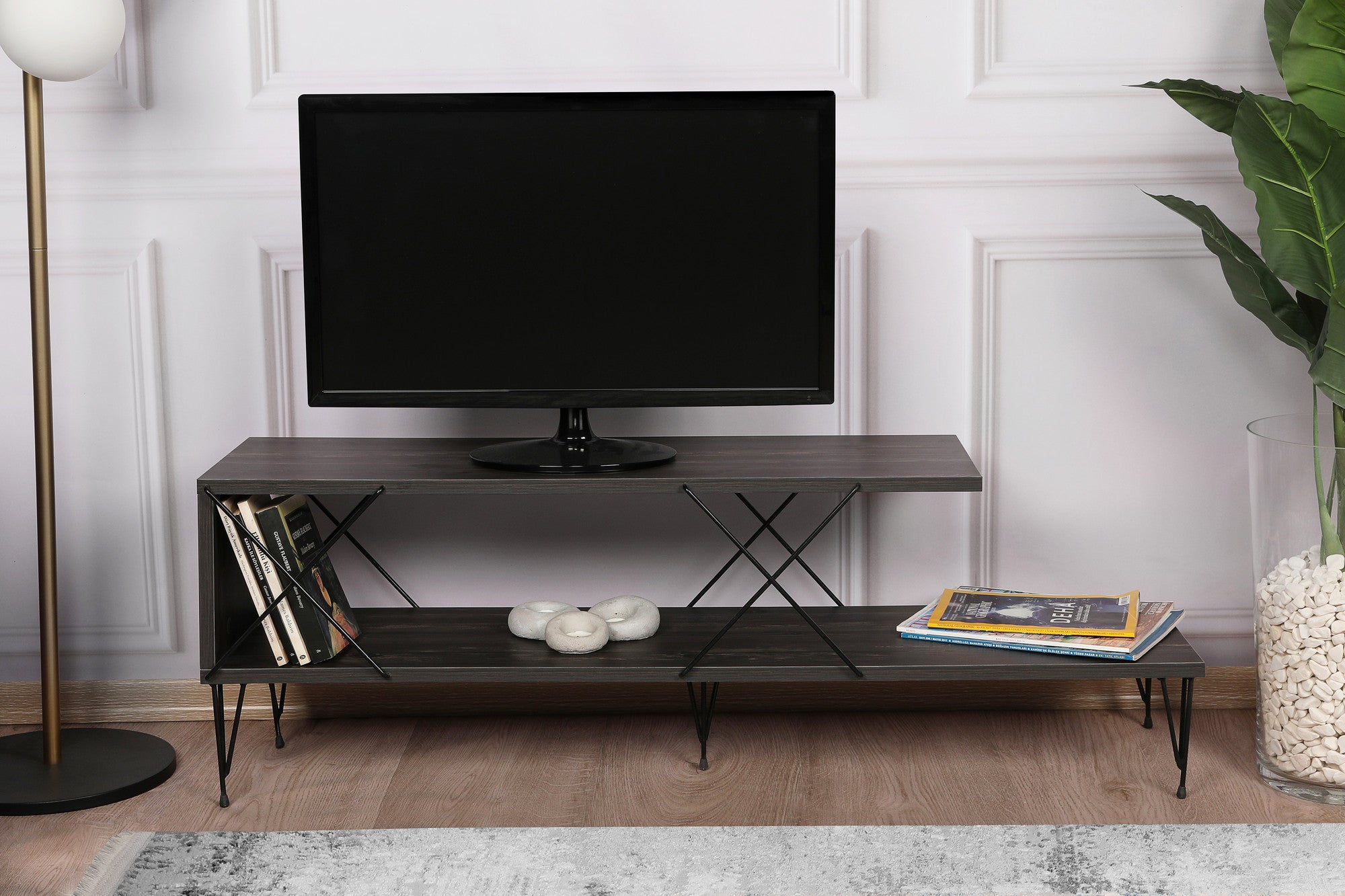 Suporte de TV industrial, marrom escuro, 120 cm x 30 cm x 40 cm | Painel de partículas 100% revestido de melamina, pernas de ferro, várias prateleiras | Design elegante e funcional