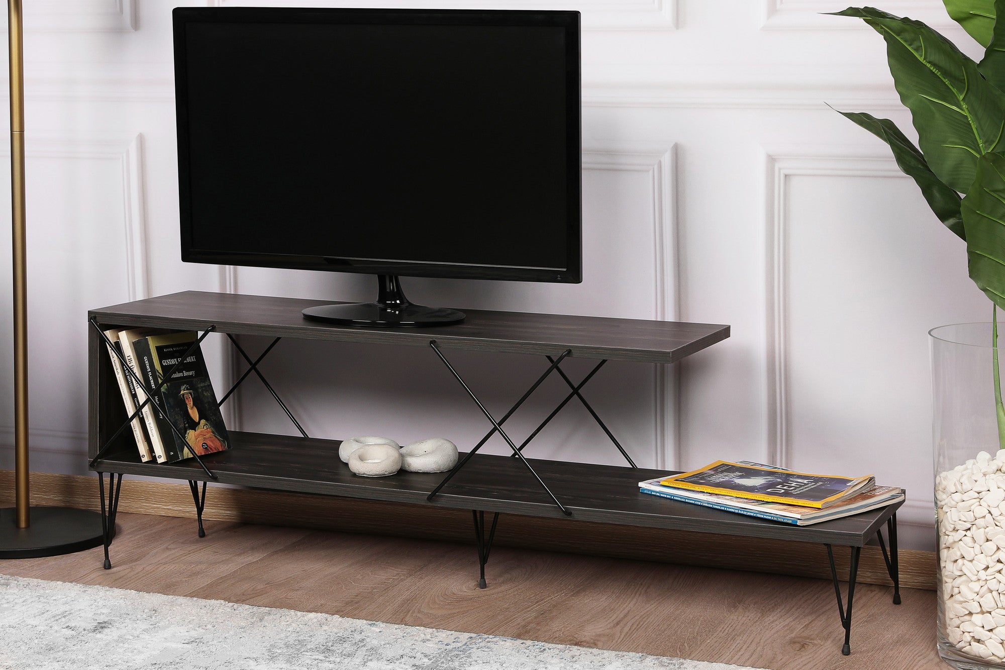 Suporte de TV industrial, marrom escuro, 120 cm x 30 cm x 40 cm | Painel de partículas 100% revestido de melamina, pernas de ferro, várias prateleiras | Design elegante e funcional