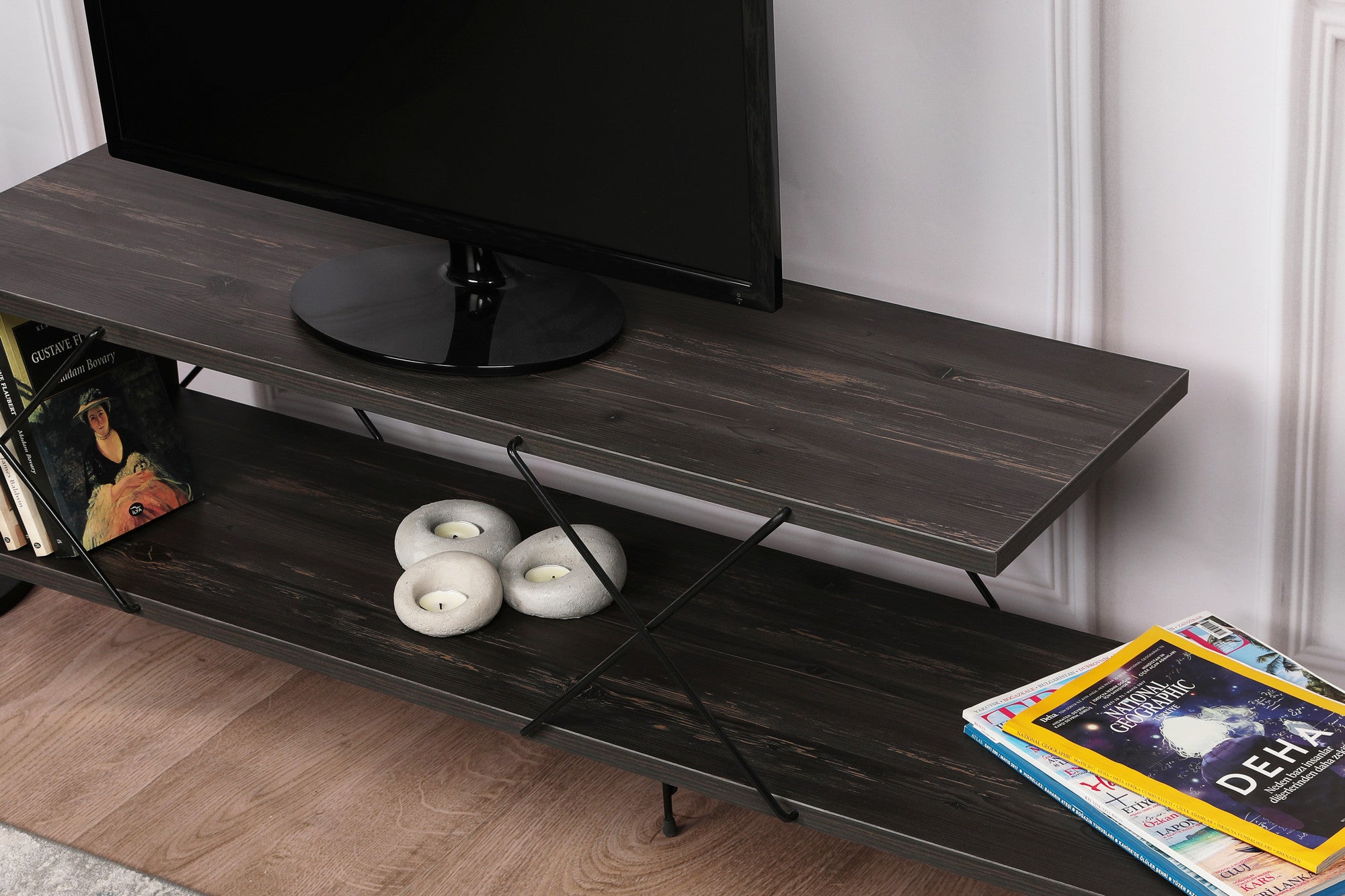 Suporte de TV industrial, marrom escuro, 120 cm x 30 cm x 40 cm | Painel de partículas 100% revestido de melamina, pernas de ferro, várias prateleiras | Design elegante e funcional