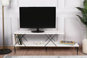 Suporte de TV moderno branco com pernas de ferro, 120 cm | Painel de partículas 100% revestido de melamina, 18 mm de espessura | Várias prateleiras para armazenamento e exposição