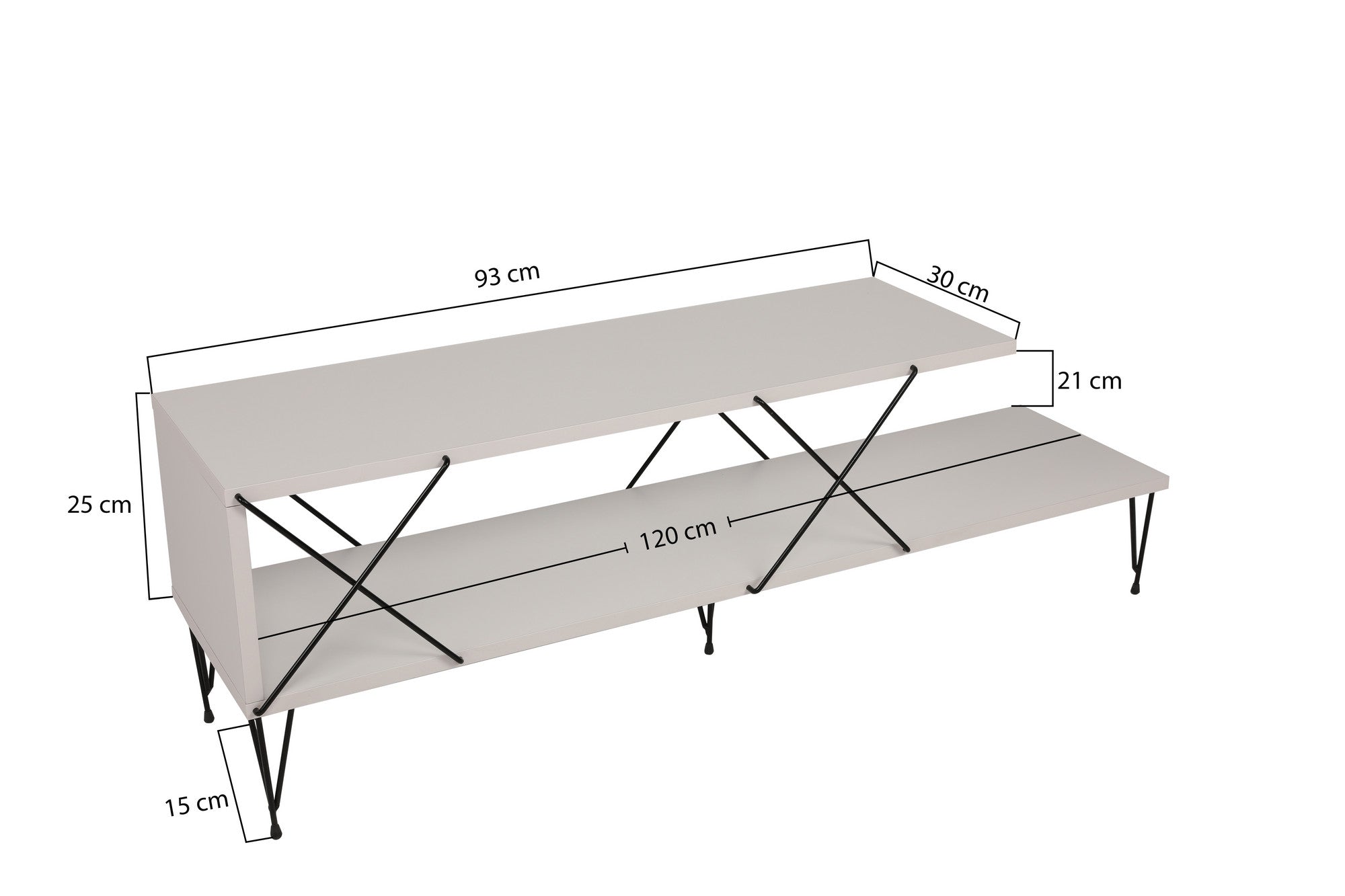 Suporte de TV moderno branco com pernas de ferro, 120 cm | Painel de partículas 100% revestido de melamina, 18 mm de espessura | Várias prateleiras para armazenamento e exposição