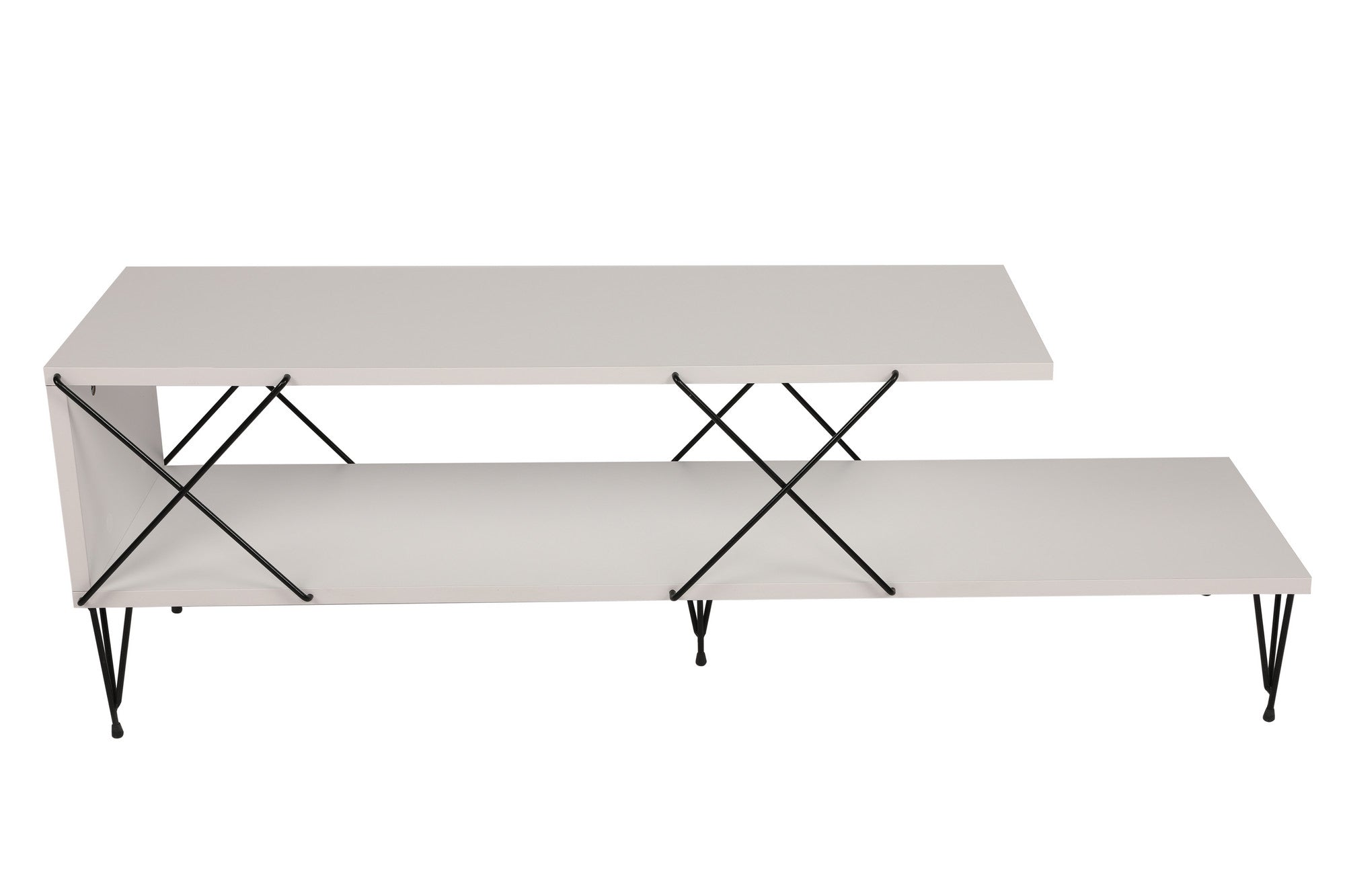 Suporte de TV moderno branco com pernas de ferro, 120 cm | Painel de partículas 100% revestido de melamina, 18 mm de espessura | Várias prateleiras para armazenamento e exposição