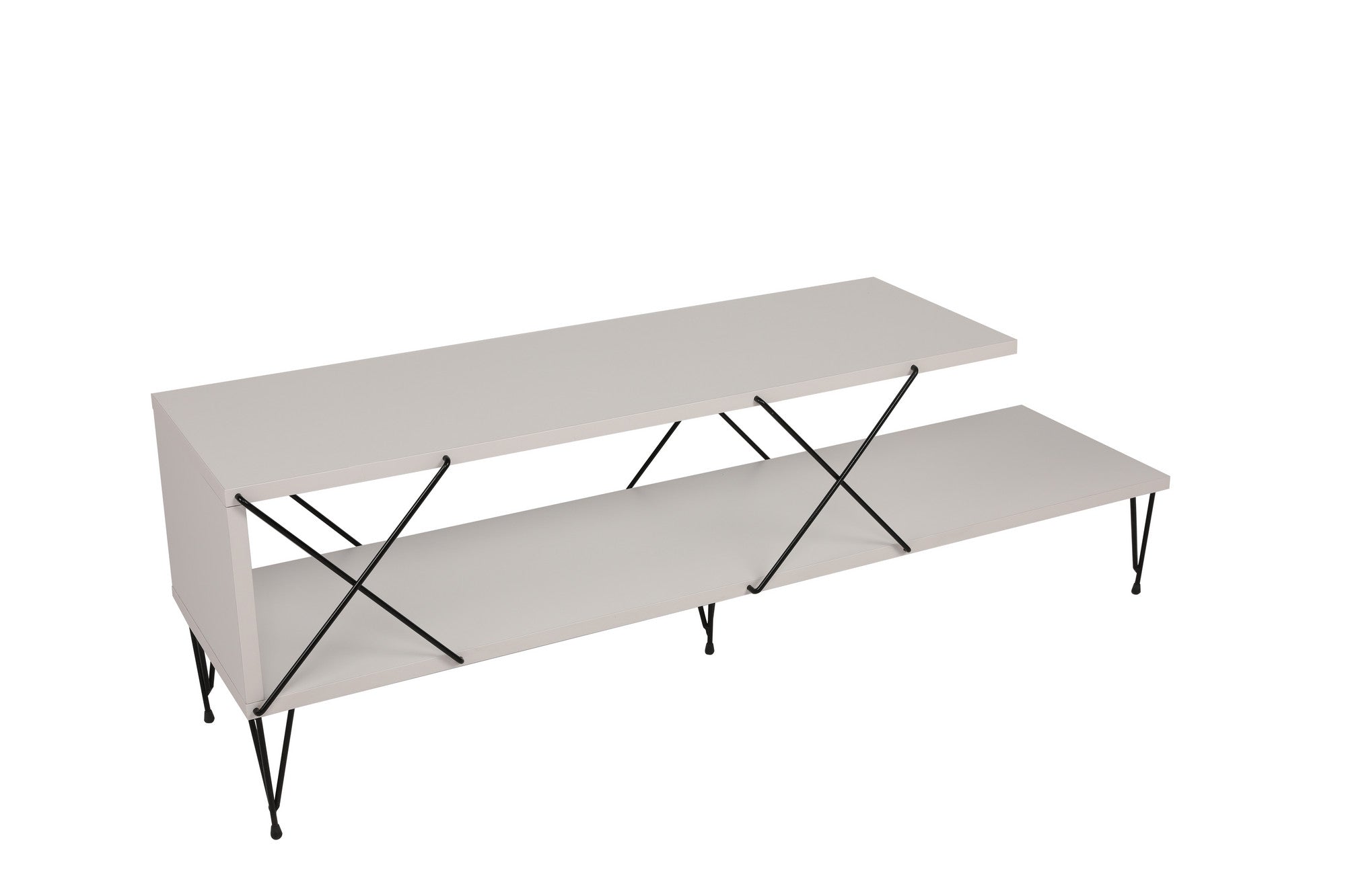 Suporte de TV moderno branco com pernas de ferro, 120 cm | Painel de partículas 100% revestido de melamina, 18 mm de espessura | Várias prateleiras para armazenamento e exposição