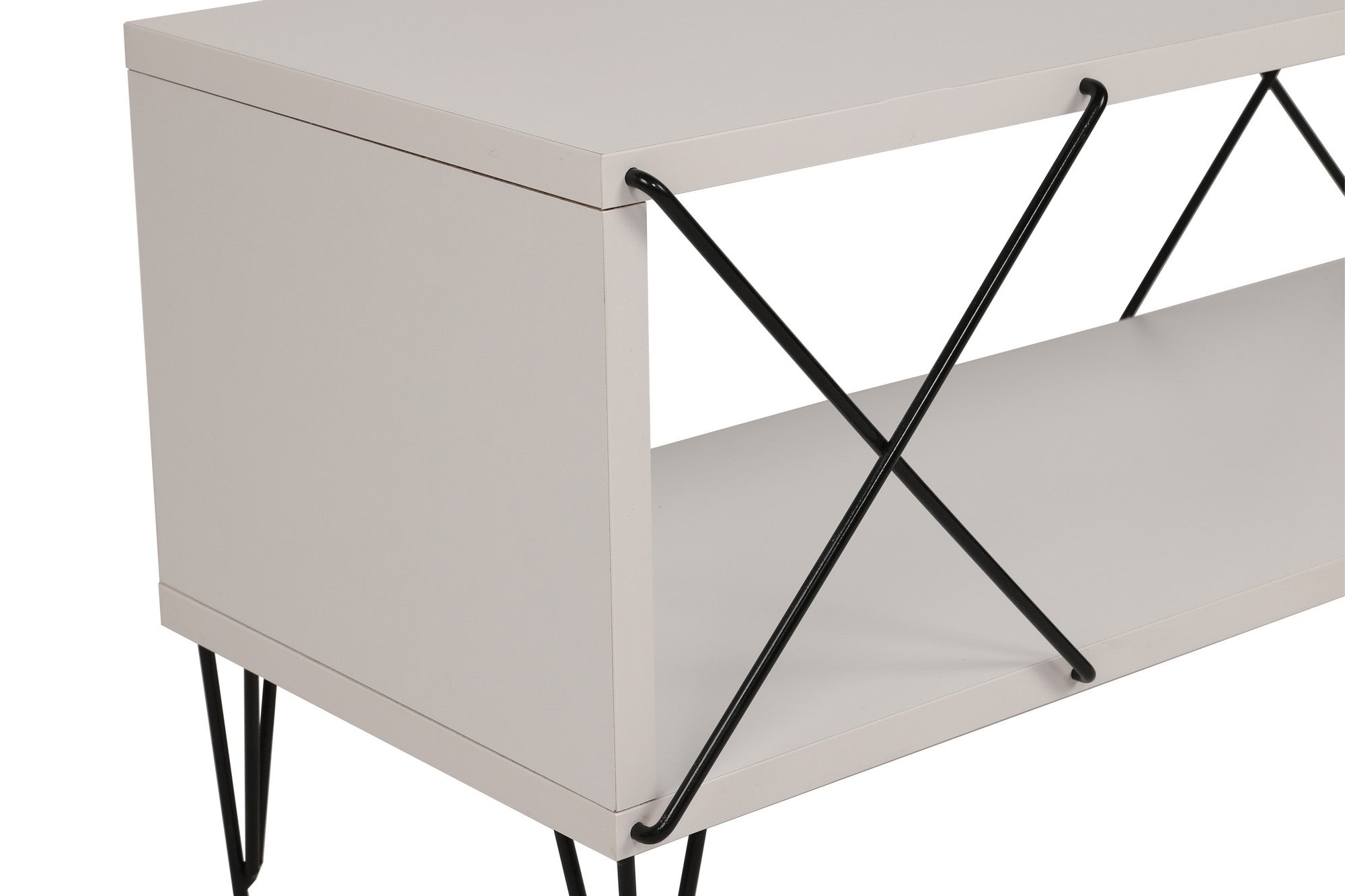 Suporte de TV moderno branco com pernas de ferro, 120 cm | Painel de partículas 100% revestido de melamina, 18 mm de espessura | Várias prateleiras para armazenamento e exposição
