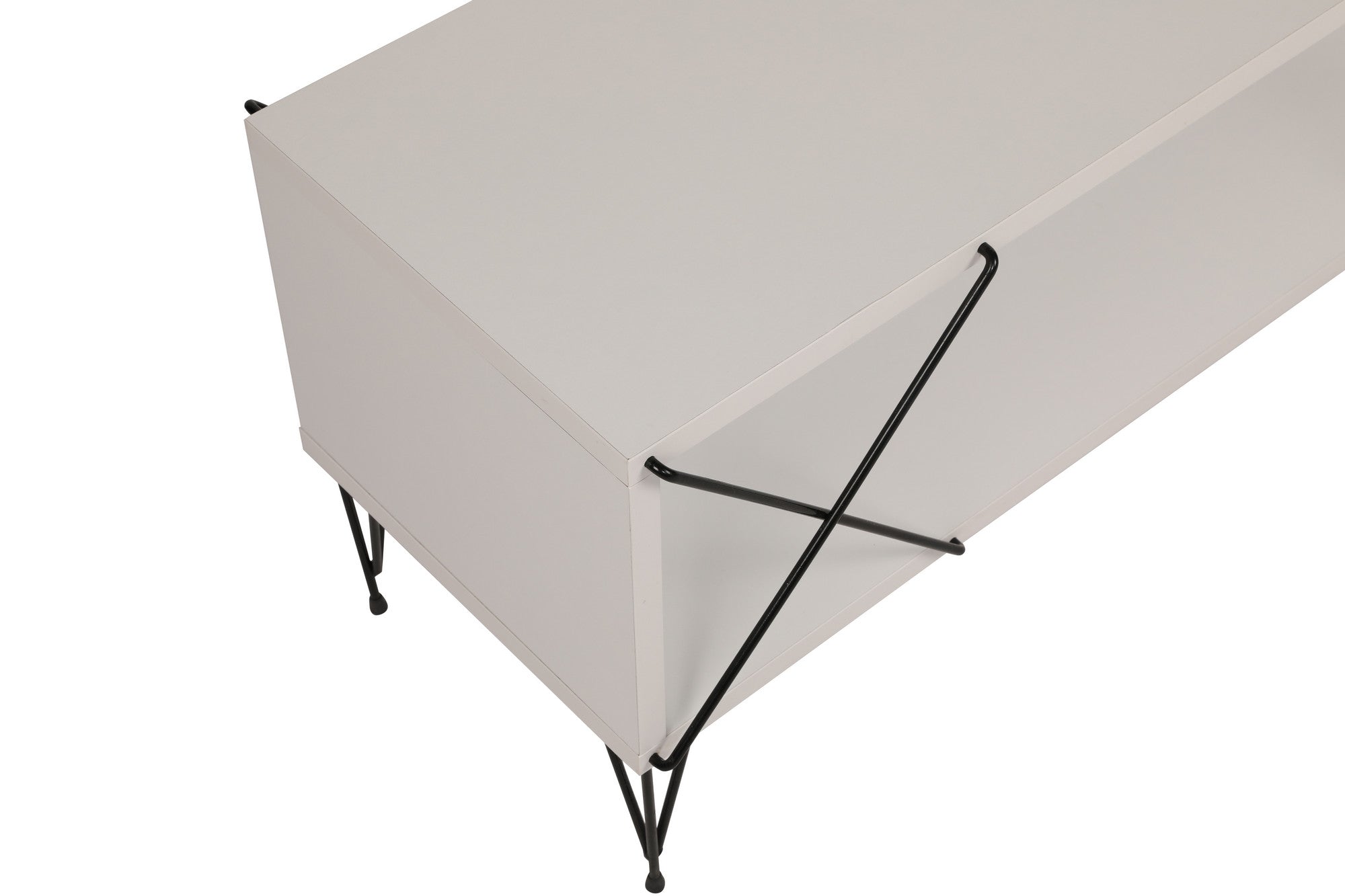 Suporte de TV moderno branco com pernas de ferro, 120 cm | Painel de partículas 100% revestido de melamina, 18 mm de espessura | Várias prateleiras para armazenamento e exposição
