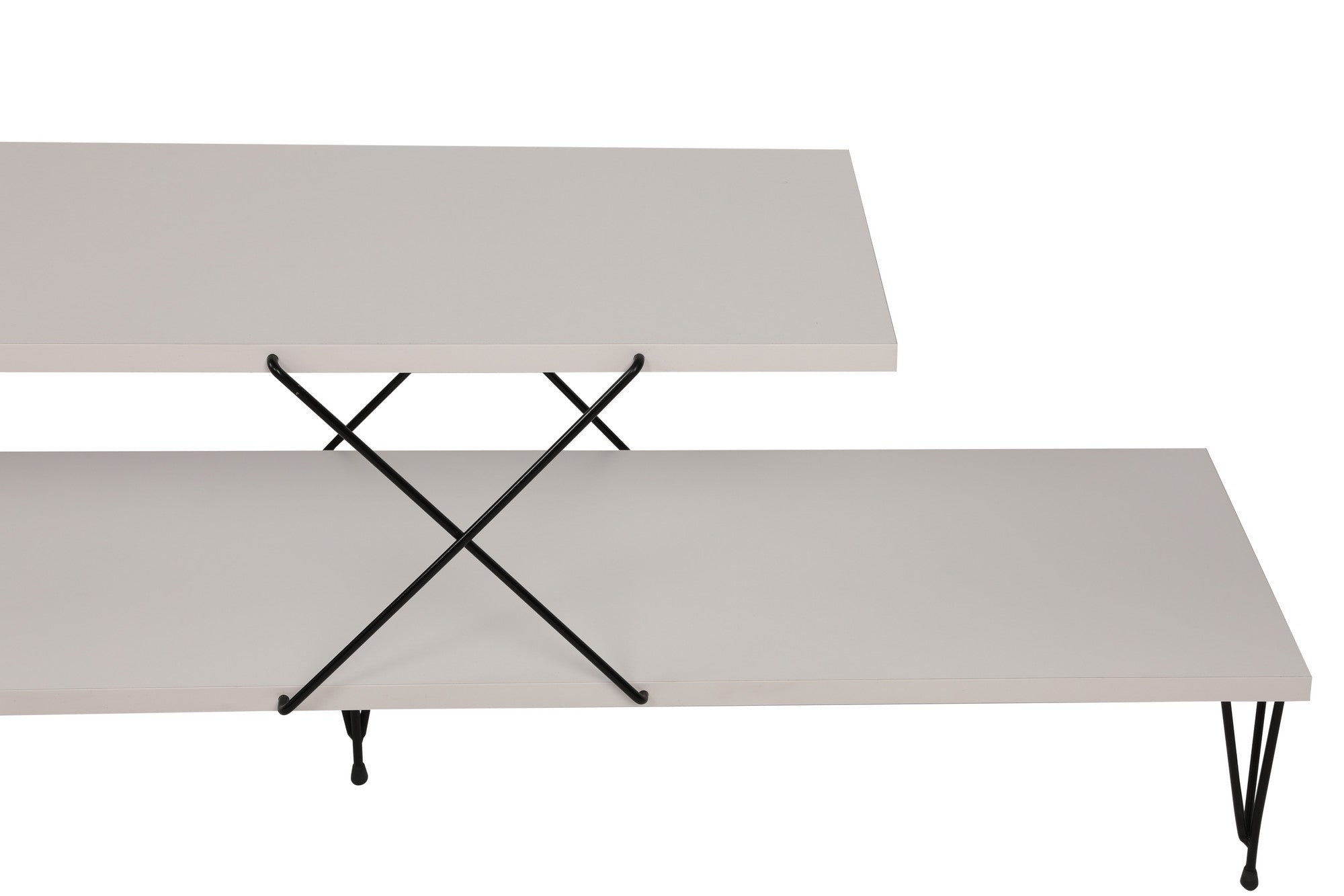 Suporte de TV moderno branco com pernas de ferro, 120 cm | Painel de partículas 100% revestido de melamina, 18 mm de espessura | Várias prateleiras para armazenamento e exposição
