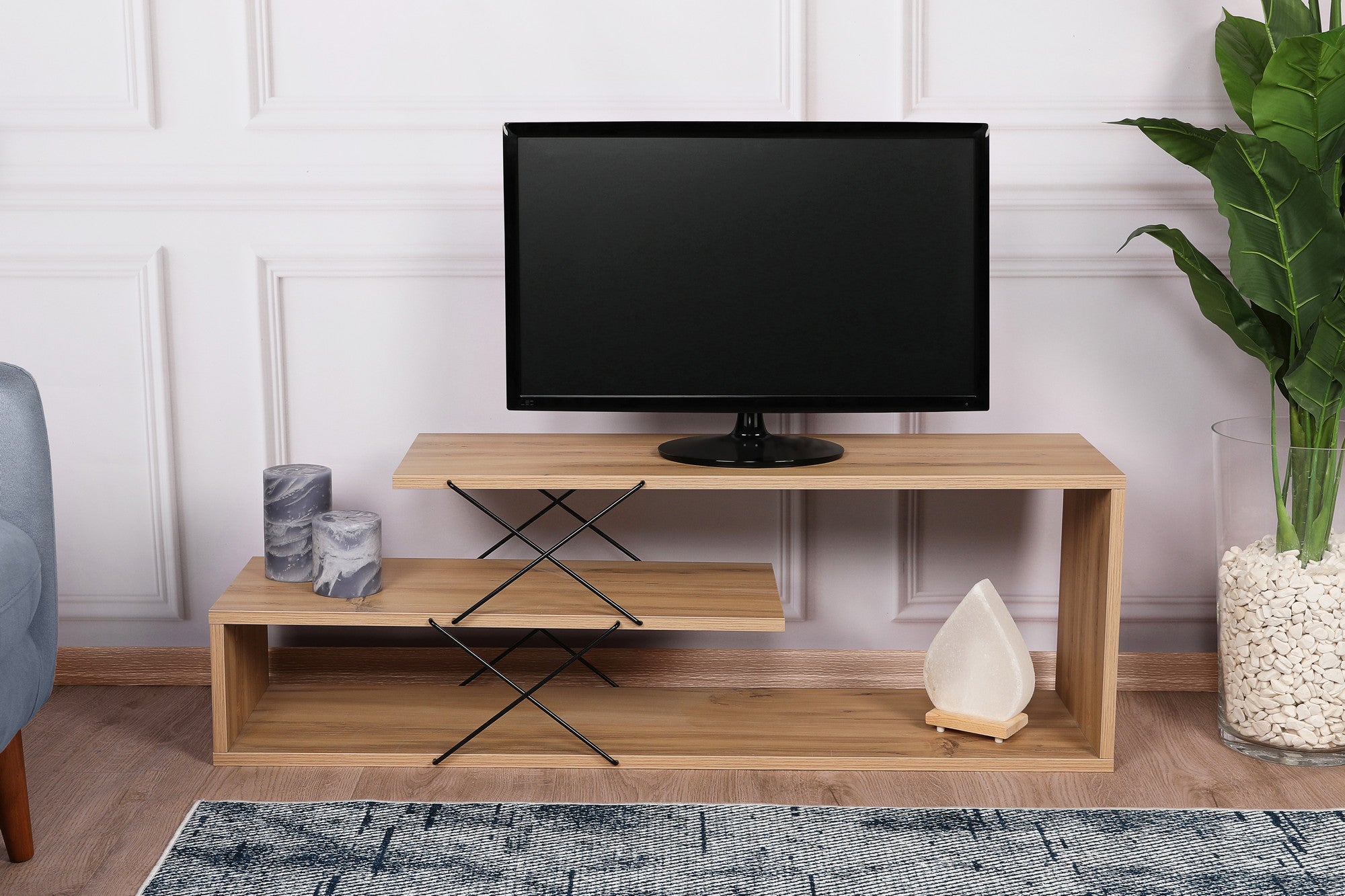 Suporte de TV industrial, cor carvalho, 120 cm x 40 cm x 30 cm | Painel de partículas 100% revestido em melamina, 18 mm de espessura | Várias prateleiras para armazenamento e estilo