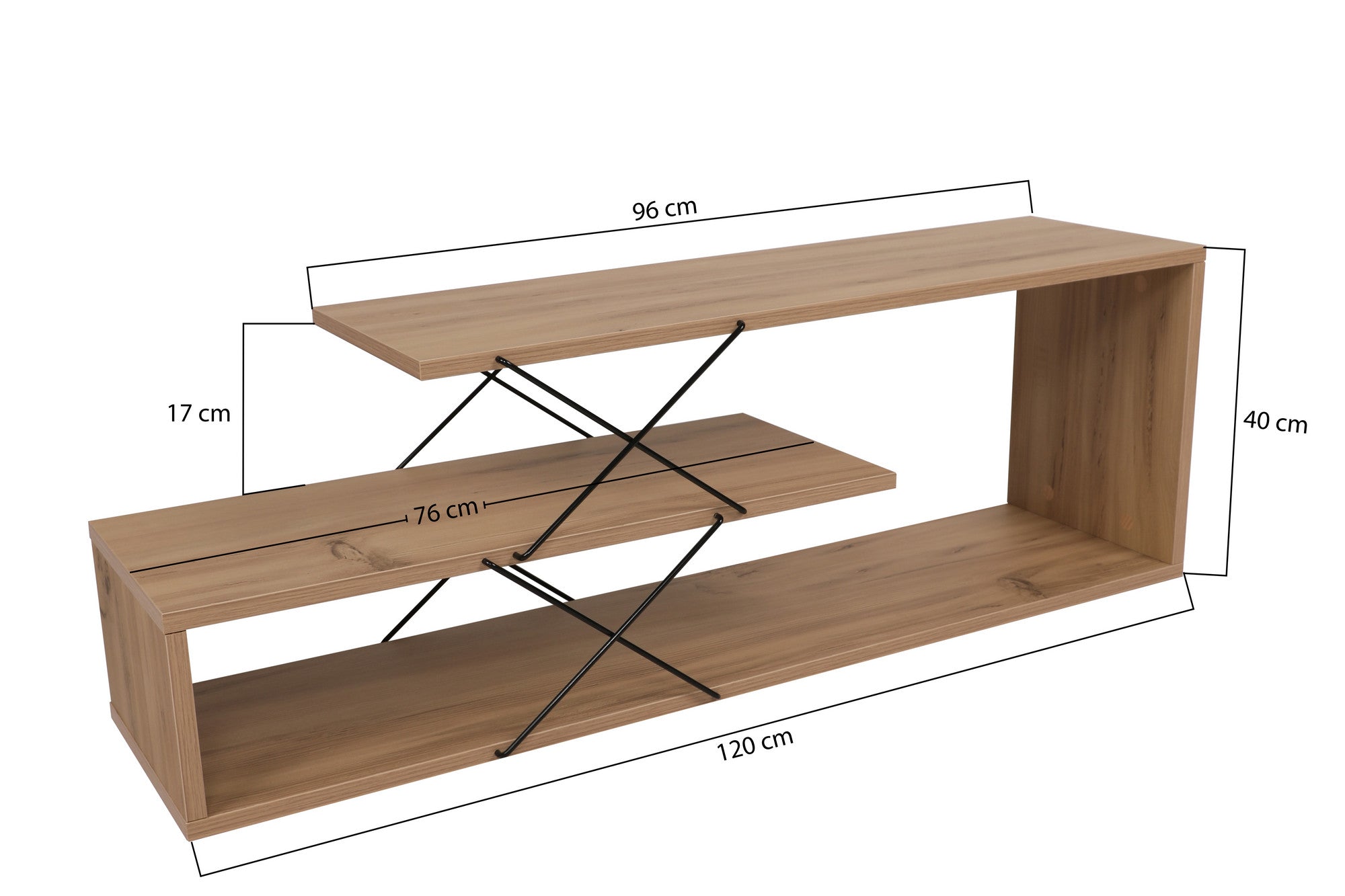Suporte de TV industrial, cor carvalho, 120 cm x 40 cm x 30 cm | Painel de partículas 100% revestido em melamina, 18 mm de espessura | Várias prateleiras para armazenamento e estilo