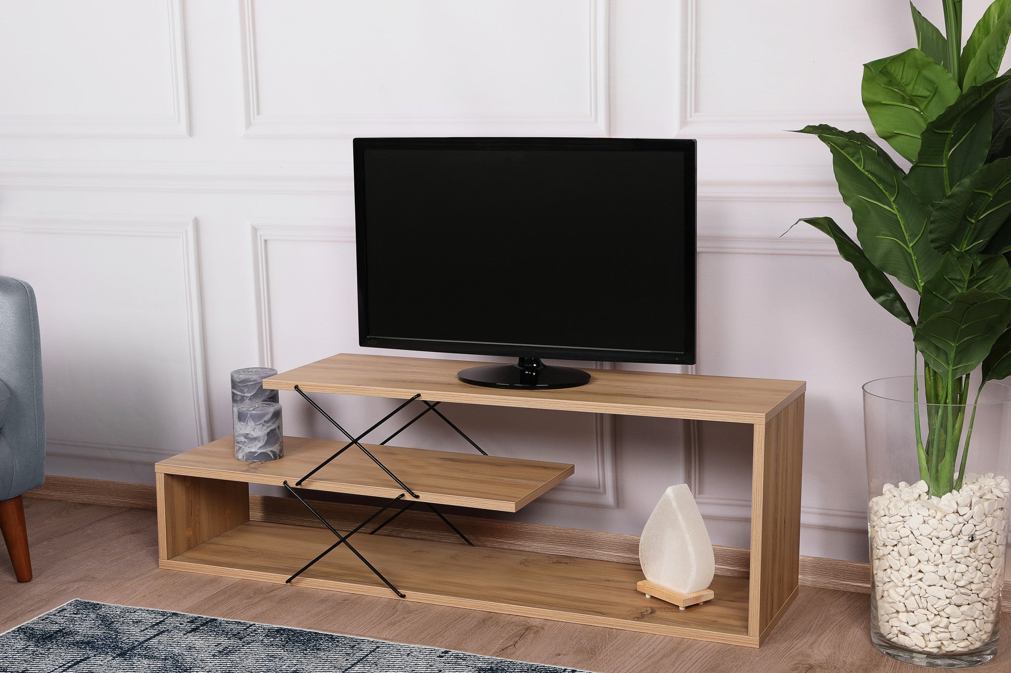 Suporte de TV industrial, cor carvalho, 120 cm x 40 cm x 30 cm | Painel de partículas 100% revestido em melamina, 18 mm de espessura | Várias prateleiras para armazenamento e estilo