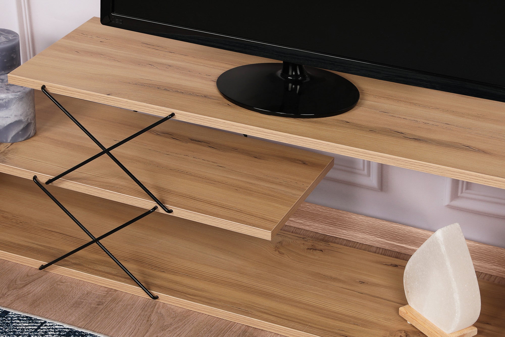 Suporte de TV industrial, cor carvalho, 120 cm x 40 cm x 30 cm | Painel de partículas 100% revestido em melamina, 18 mm de espessura | Várias prateleiras para armazenamento e estilo