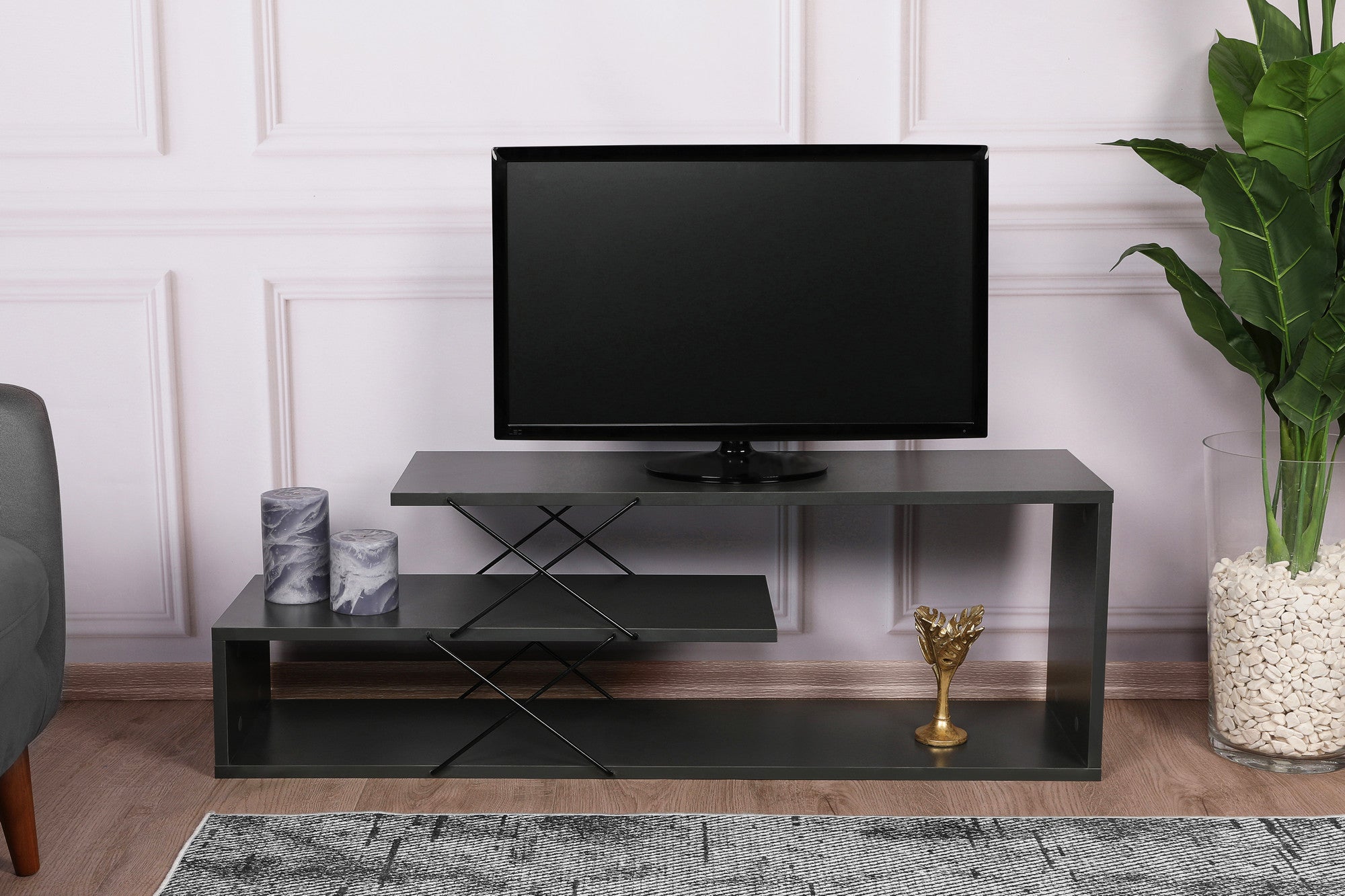 Suporte de TV industrial, antracite, 120 x 40 x 30 cm | Painel de partículas 100% revestido de melamina, 18 mm de espessura | Várias prateleiras para armazenamento e estilo