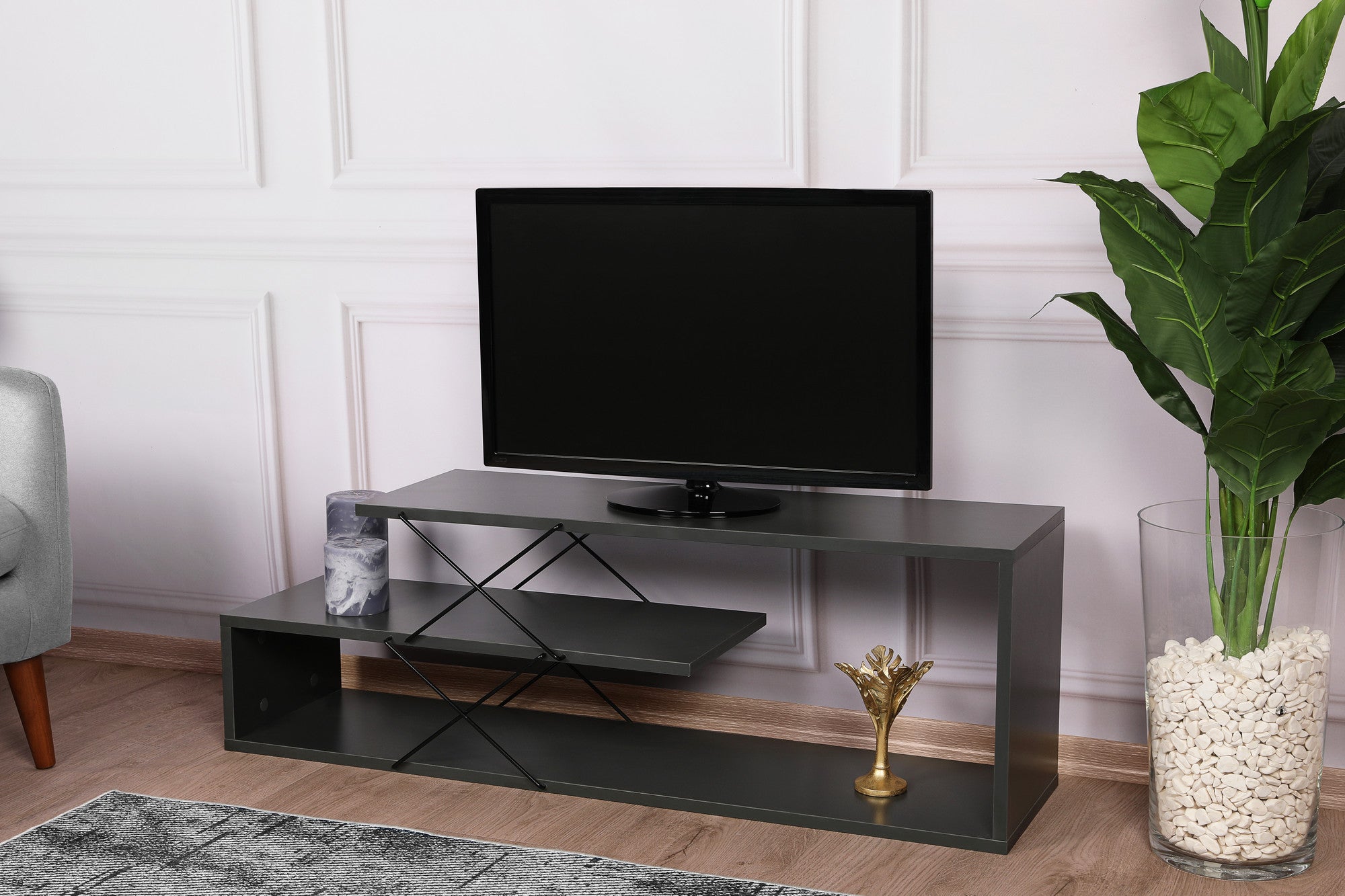 Suporte de TV industrial, antracite, 120 x 40 x 30 cm | Painel de partículas 100% revestido de melamina, 18 mm de espessura | Várias prateleiras para armazenamento e estilo