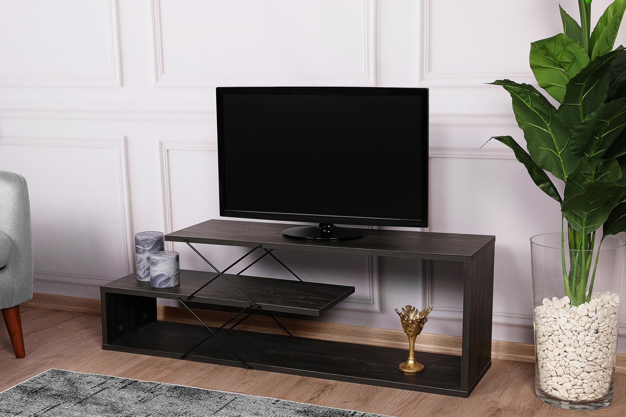 Suporte de TV industrial, marrom escuro, 120 x 40 x 30 cm | Painel de partículas 100% revestido de melamina, 18 mm de espessura | Várias prateleiras para armazenamento com estilo