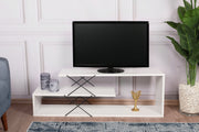 Suporte de TV elegante, branco, 120 cm de largura, 40 cm de altura, 30 cm de profundidade | Painel de partículas 100% revestido de melamina, 18 mm de espessura | Várias prateleiras para salas de estar modernas