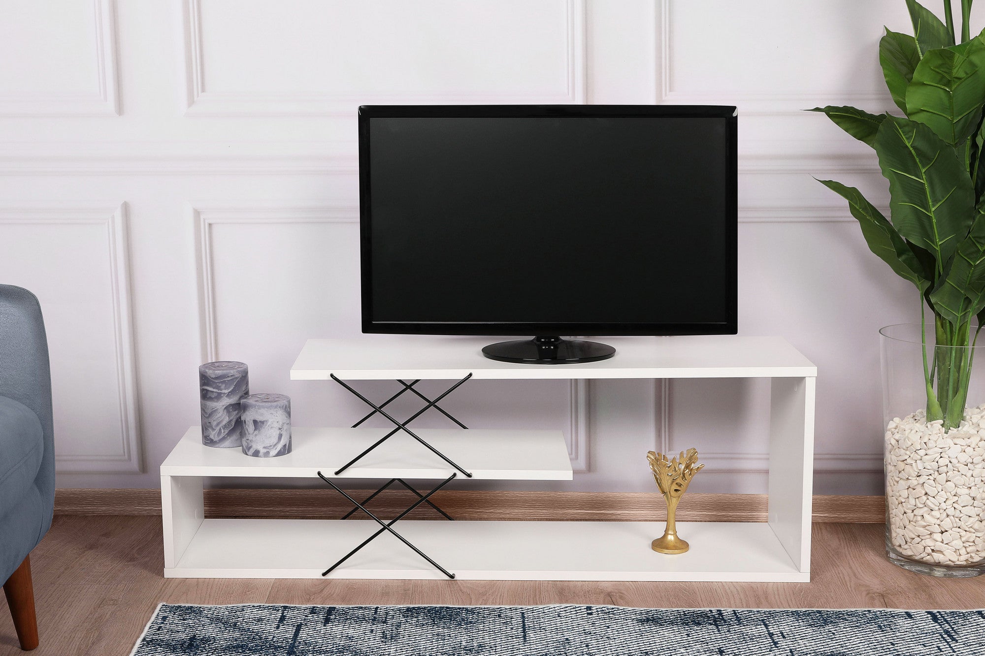 Suporte de TV elegante, branco, 120 cm de largura, 40 cm de altura, 30 cm de profundidade | Painel de partículas 100% revestido de melamina, 18 mm de espessura | Várias prateleiras para salas de estar modernas