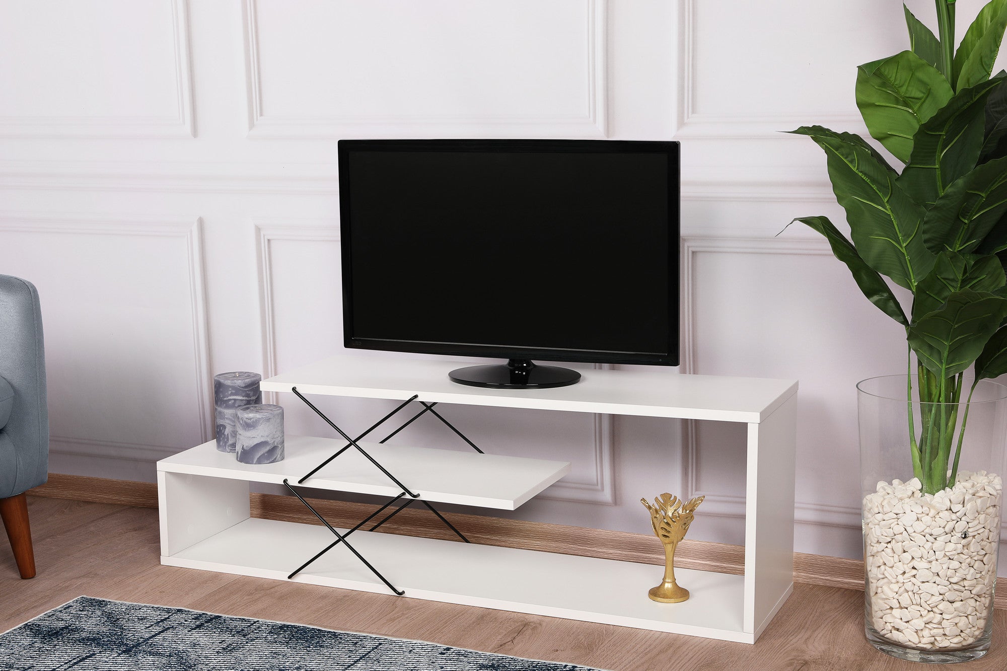 Suporte de TV elegante, branco, 120 cm de largura, 40 cm de altura, 30 cm de profundidade | Painel de partículas 100% revestido de melamina, 18 mm de espessura | Várias prateleiras para salas de estar modernas