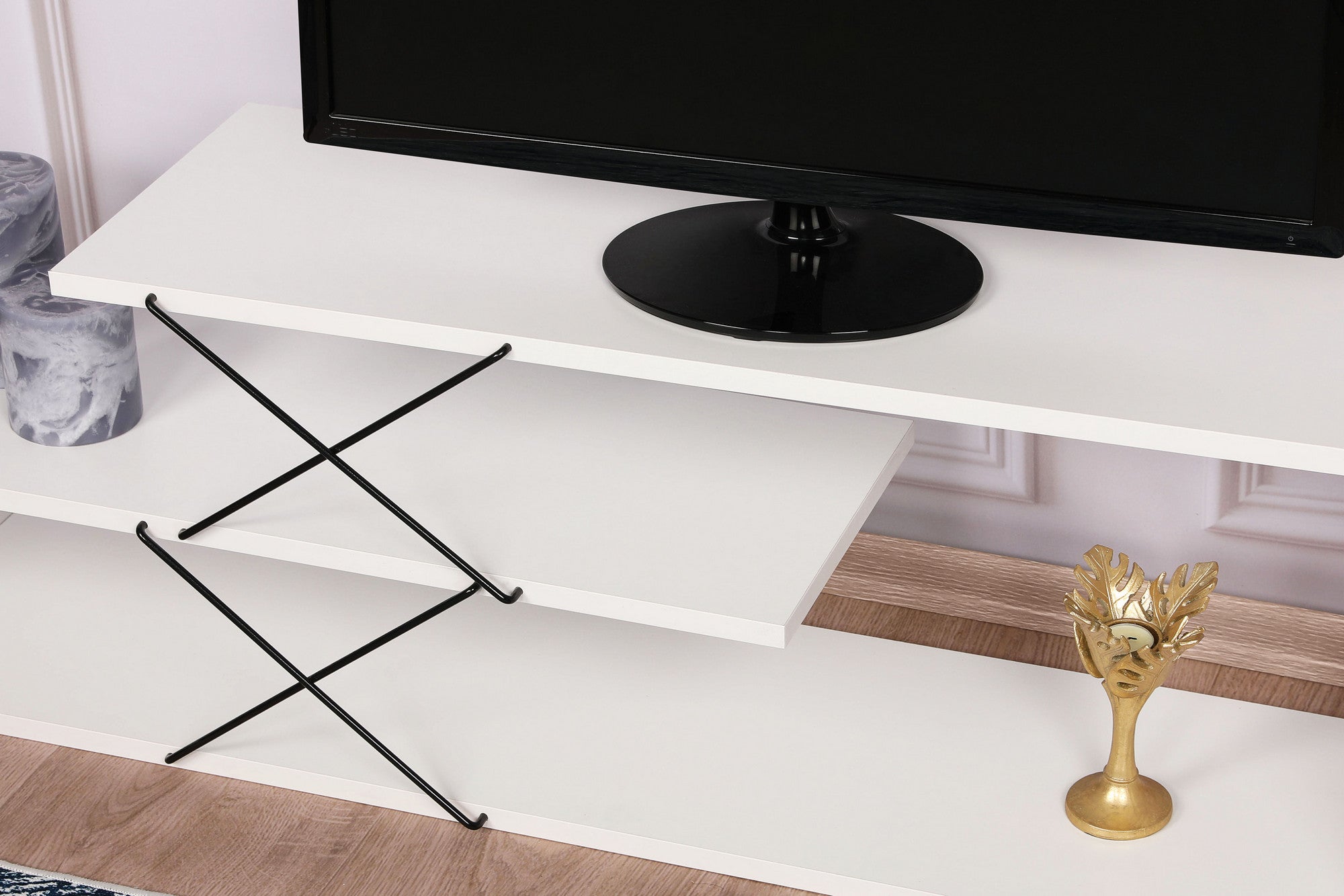 Suporte de TV elegante, branco, 120 cm de largura, 40 cm de altura, 30 cm de profundidade | Painel de partículas 100% revestido de melamina, 18 mm de espessura | Várias prateleiras para salas de estar modernas