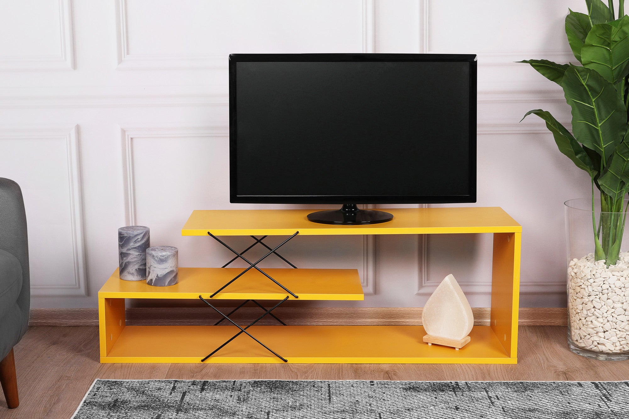 Suporte de TV amarelo elegante, 120 cm de largura, 40 cm de altura, 30 cm de profundidade | Painel de partículas 100% revestido de melamina, 18 mm de espessura | Várias prateleiras, capacidade de 30 kg