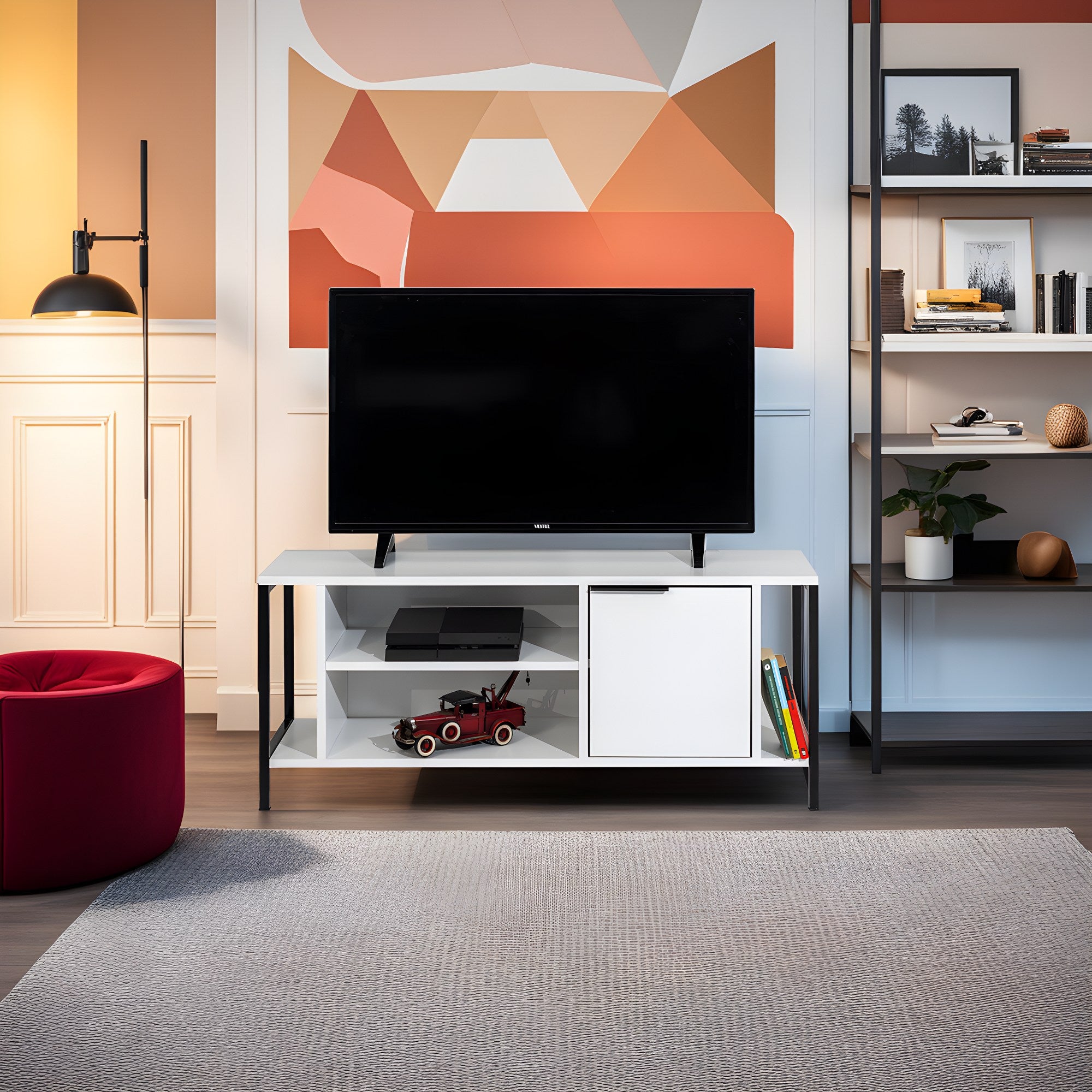 Móvel de TV elegante, branco e preto, 120 x 48 x 35 cm | Painel de partículas 100% revestido de melamina, 18 mm de espessura | Várias prateleiras para uma sala de estar moderna