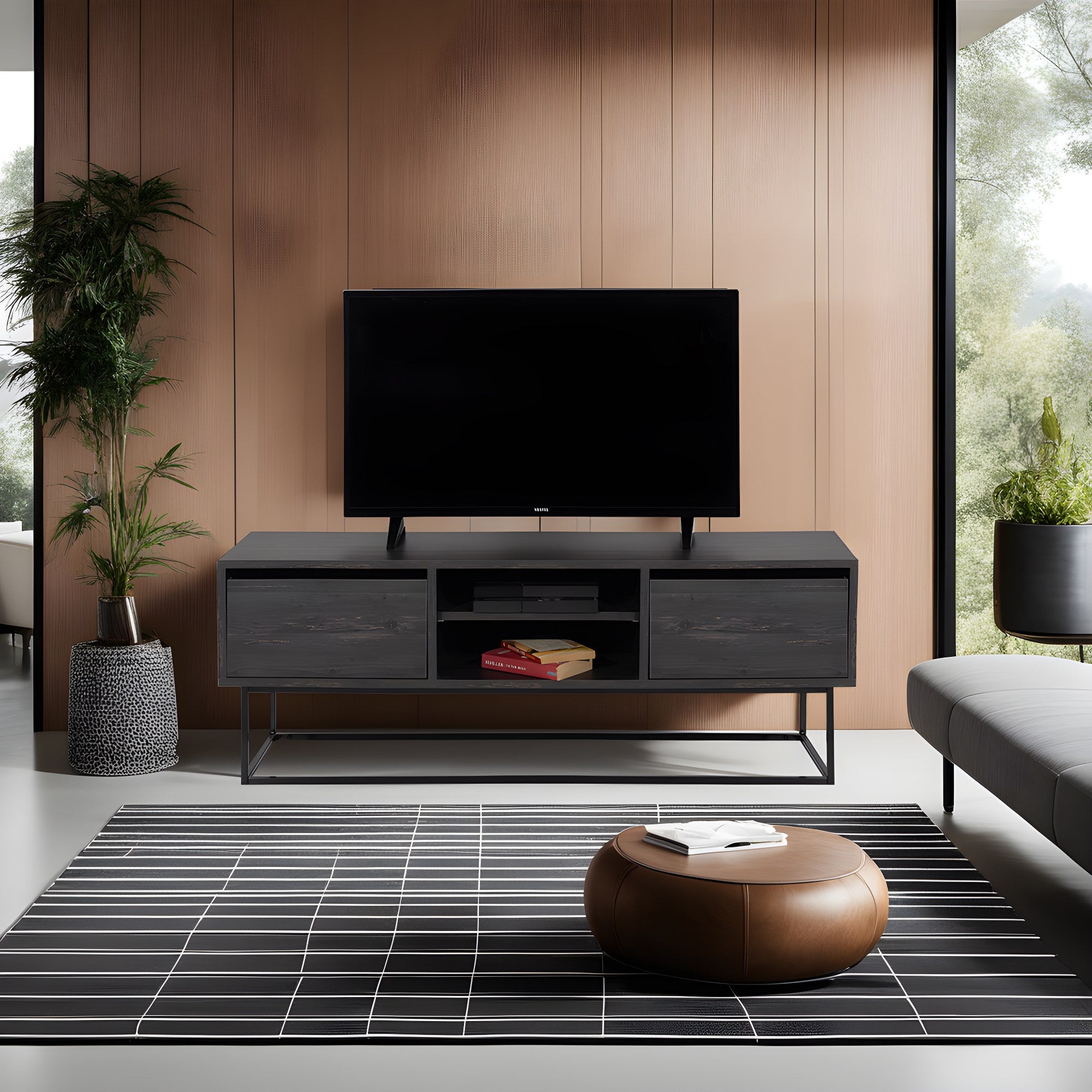 Móvel de TV industrial com acabamento em mármore, marrom escuro e preto, 140 cm | 100% revestido em melamina, 18 mm de espessura, pés de ferro, 2 gavetas e várias prateleiras