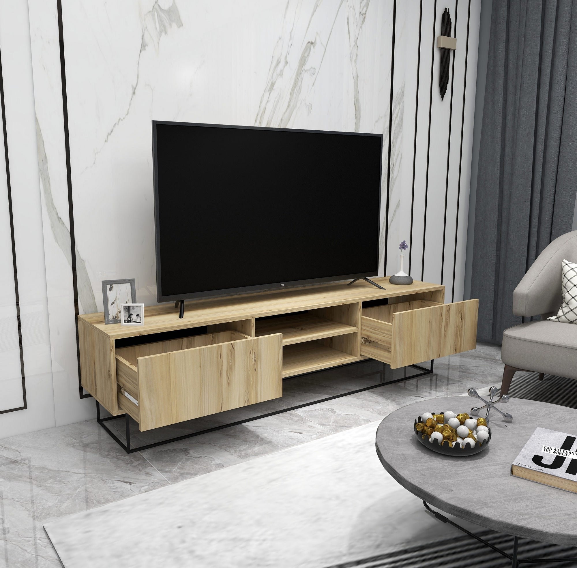 Móvel de TV industrial com pés de ferro, 180 cm | Painel de partículas 100% revestido em melamina, 18 mm de espessura | 2 gavetas, várias prateleiras, feltro e acabamento preto