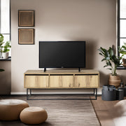 Móvel de TV industrial com pés de ferro, 140 cm | Painel de partículas 100% revestido em melamina, 18 mm de espessura | 2 gavetas, várias prateleiras, feltro e acabamento preto