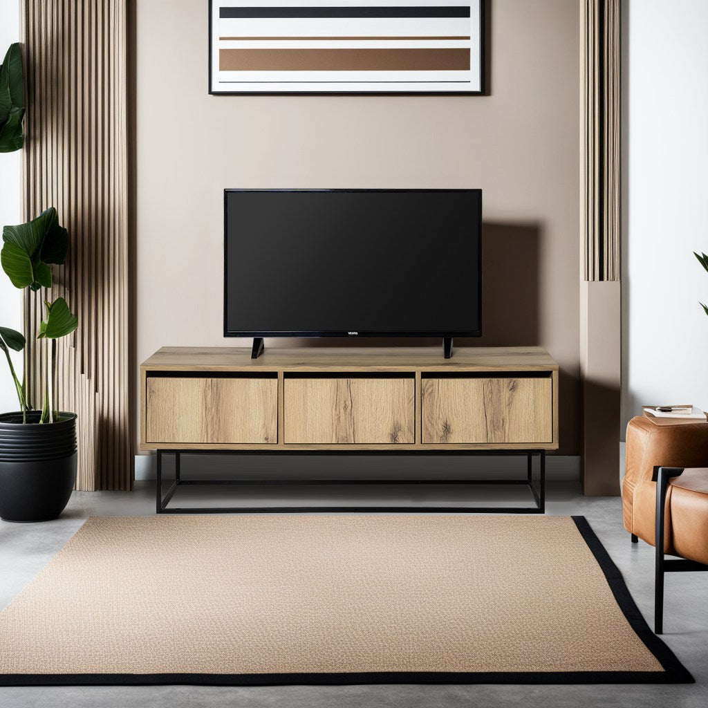 Móvel de TV industrial com pés de ferro, 140 cm | Painel de partículas 100% revestido em melamina, 18 mm de espessura | 2 gavetas, várias prateleiras, feltro e acabamento preto