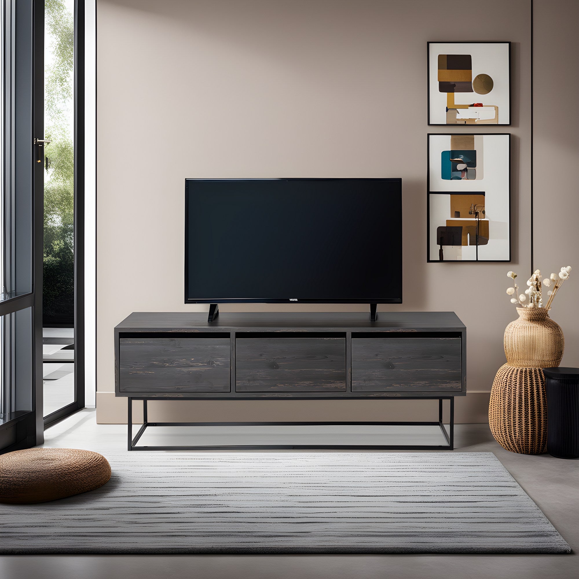 Móvel de TV industrial com pés de ferro, marrom escuro e preto, 140 cm | Painel de partículas 100% revestido de melamina, 18 mm de espessura | 2 gavetas e várias prateleiras