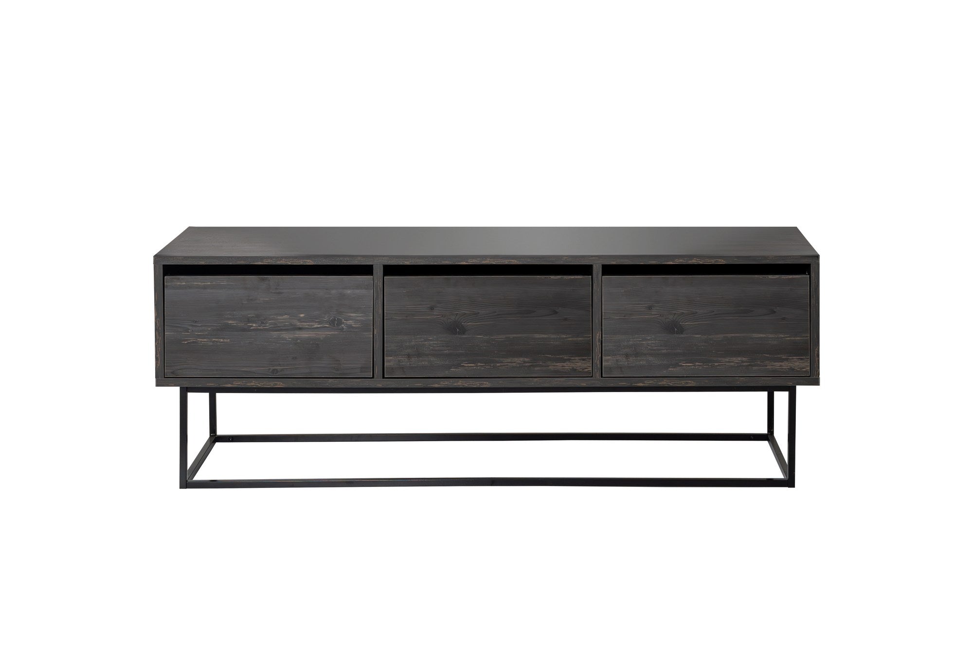 Móvel de TV industrial com pés de ferro, marrom escuro e preto, 140 cm | Painel de partículas 100% revestido de melamina, 18 mm de espessura | 2 gavetas e várias prateleiras