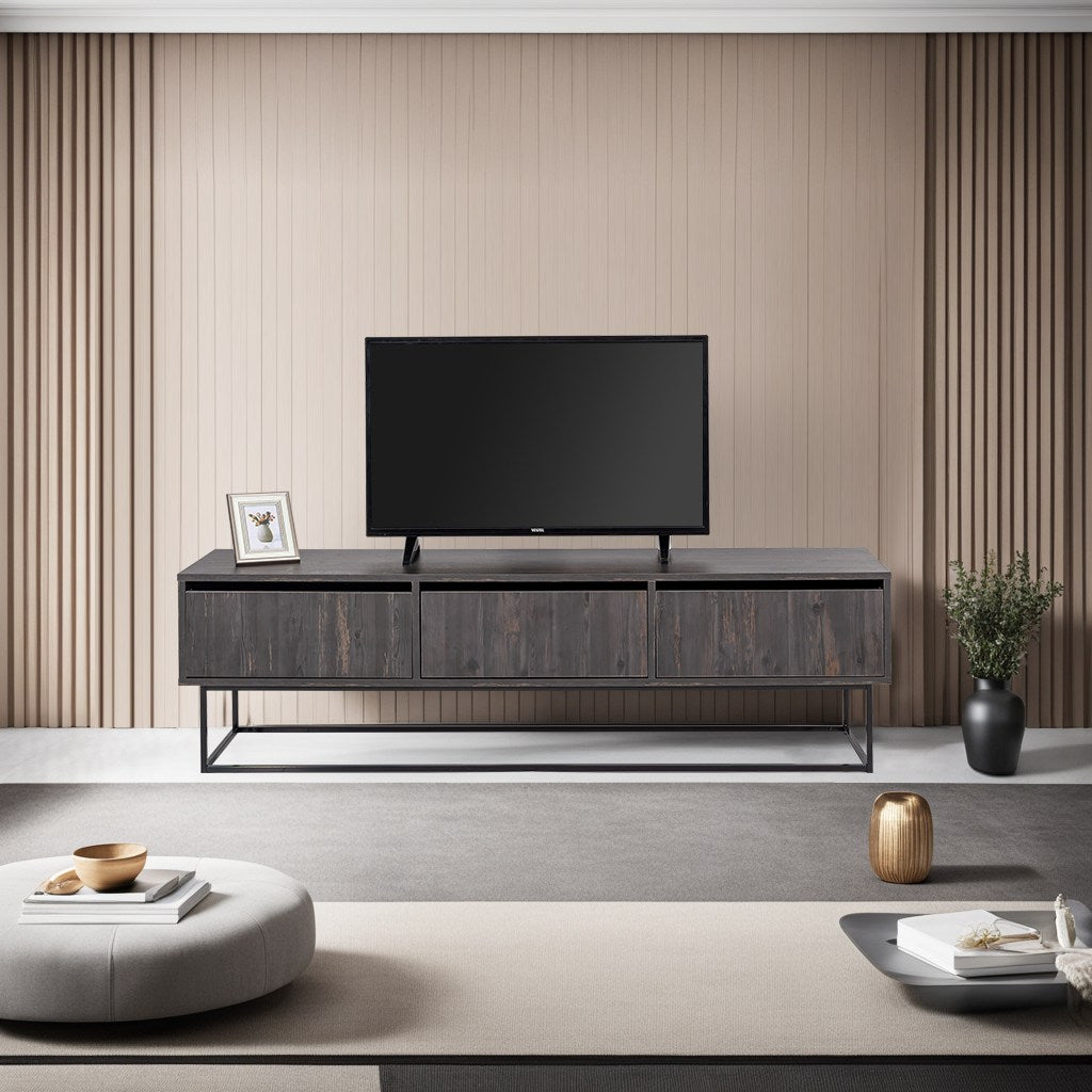 Móvel de TV industrial, marrom escuro e preto, 180 cm | Painel de partículas 100% revestido em melamina, 18 mm de espessura, pés de ferro, 2 gavetas, várias prateleiras | Elegante e funcional