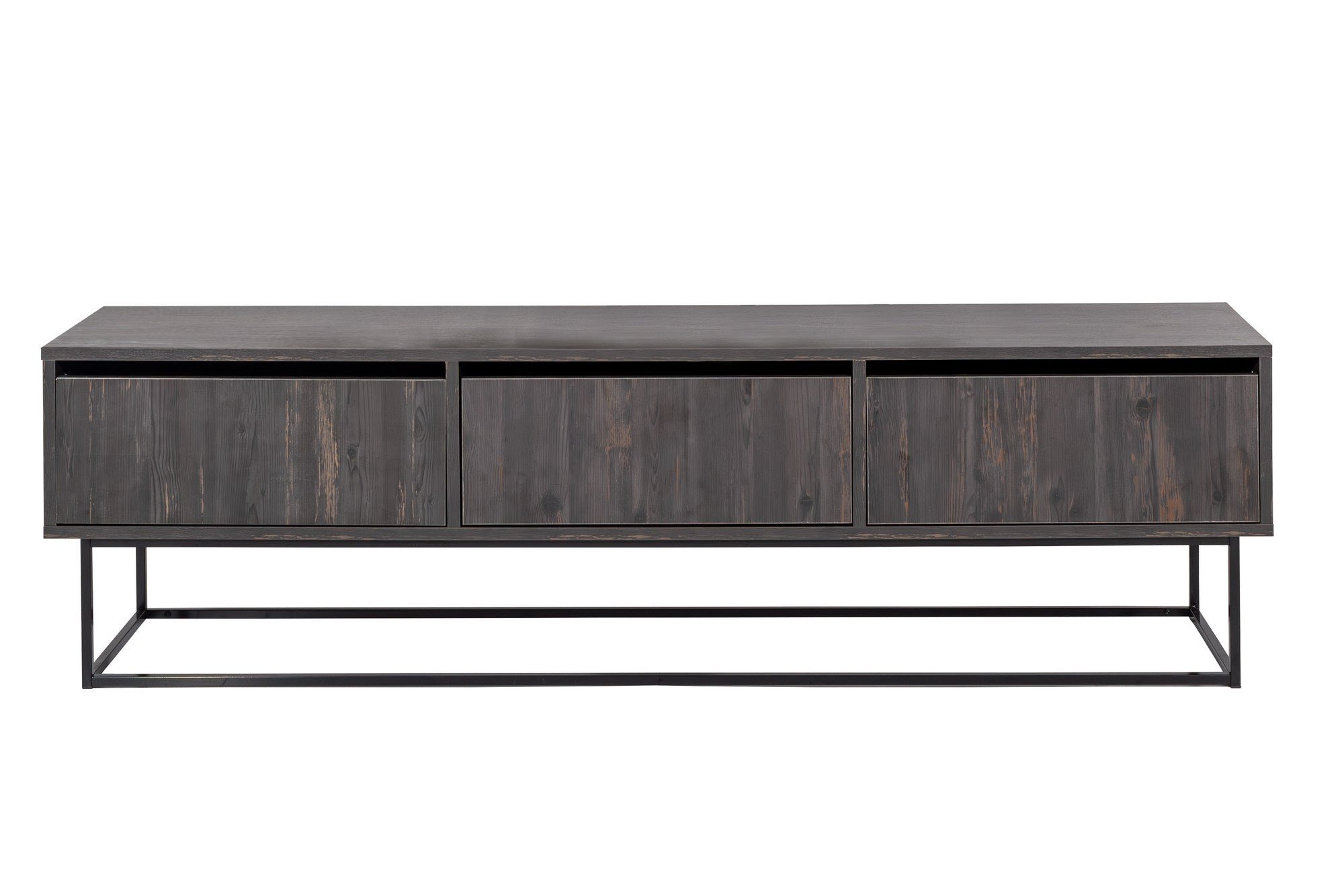 Móvel de TV industrial, marrom escuro e preto, 180 cm | Painel de partículas 100% revestido em melamina, 18 mm de espessura, pés de ferro, 2 gavetas, várias prateleiras | Elegante e funcional