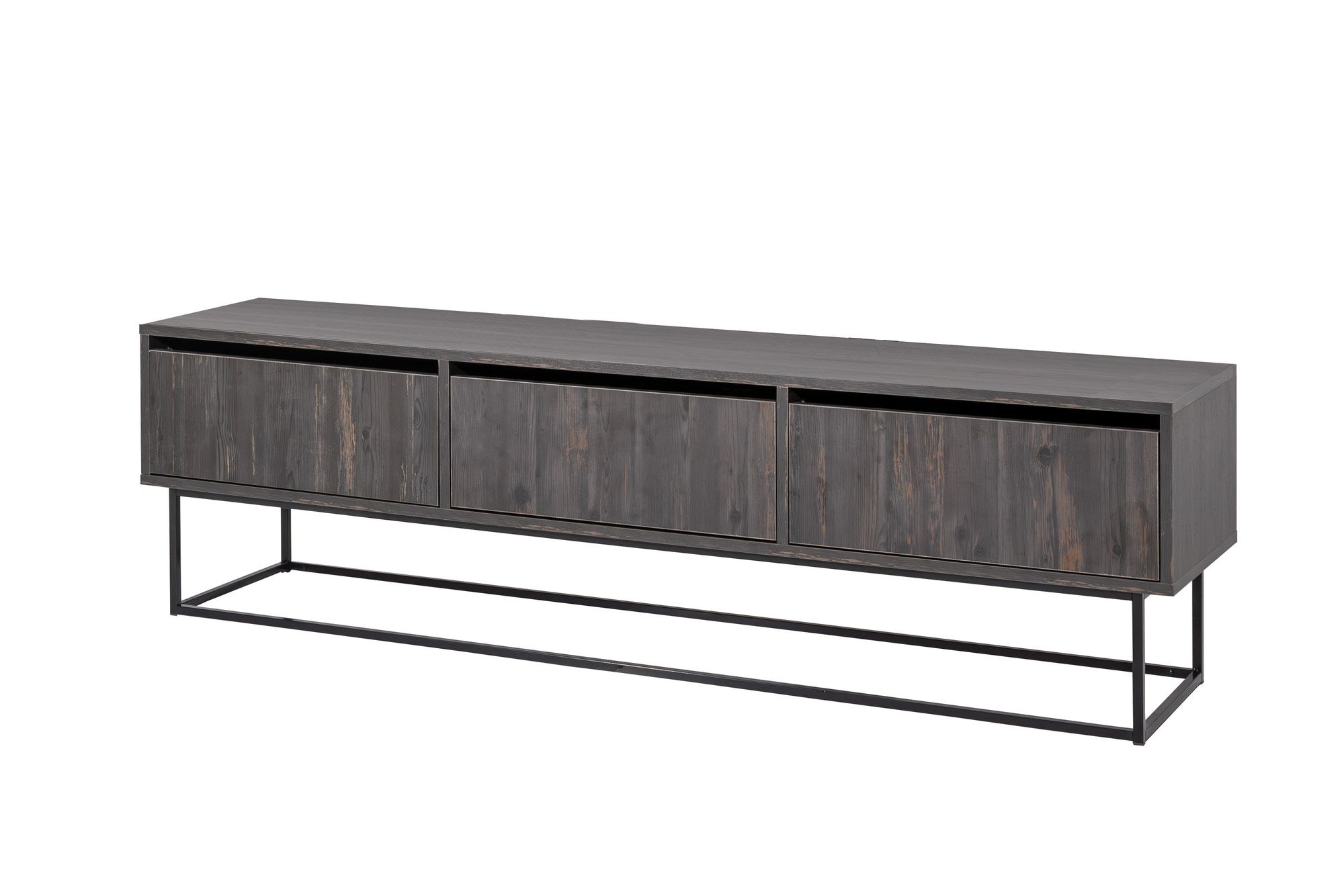 Móvel de TV industrial, marrom escuro e preto, 180 cm | Painel de partículas 100% revestido em melamina, 18 mm de espessura, pés de ferro, 2 gavetas, várias prateleiras | Elegante e funcional