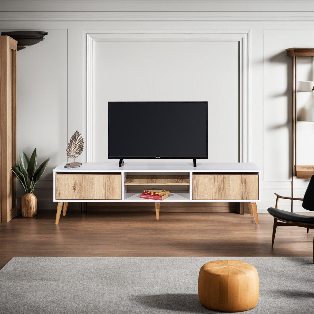 Móvel de TV escandinavo, 180 cm, 50 cm de altura, 40 cm de profundidade | Painel de partículas 100% revestido em melamina, pernas de ferro, 2 gavetas, várias prateleiras, design elegante