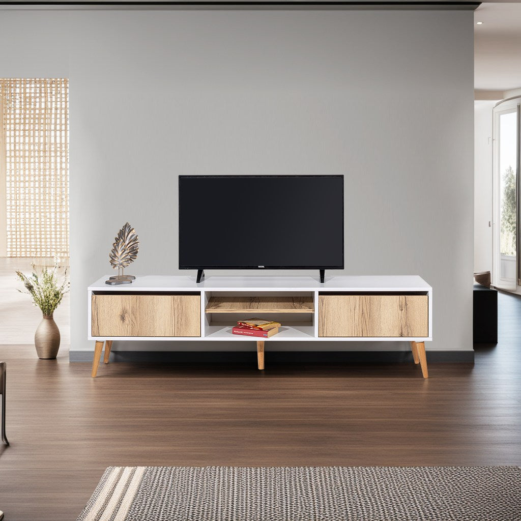 Móvel de TV escandinavo, 180 cm, 50 cm de altura, 40 cm de profundidade | Painel de partículas 100% revestido em melamina, pernas de ferro, 2 gavetas, várias prateleiras, design elegante