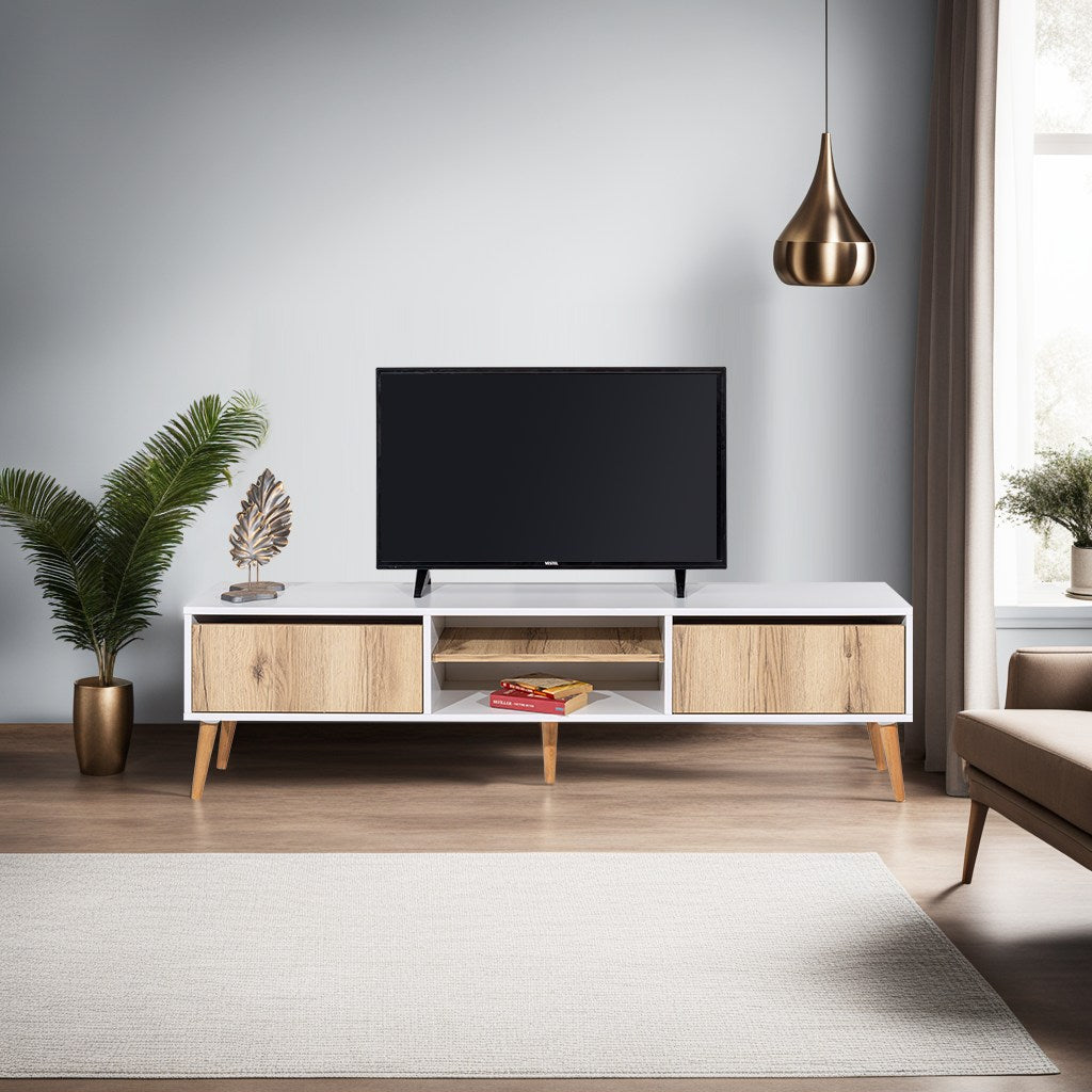 Móvel de TV escandinavo, 180 cm, 50 cm de altura, 40 cm de profundidade | Painel de partículas 100% revestido em melamina, pernas de ferro, 2 gavetas, várias prateleiras, design elegante